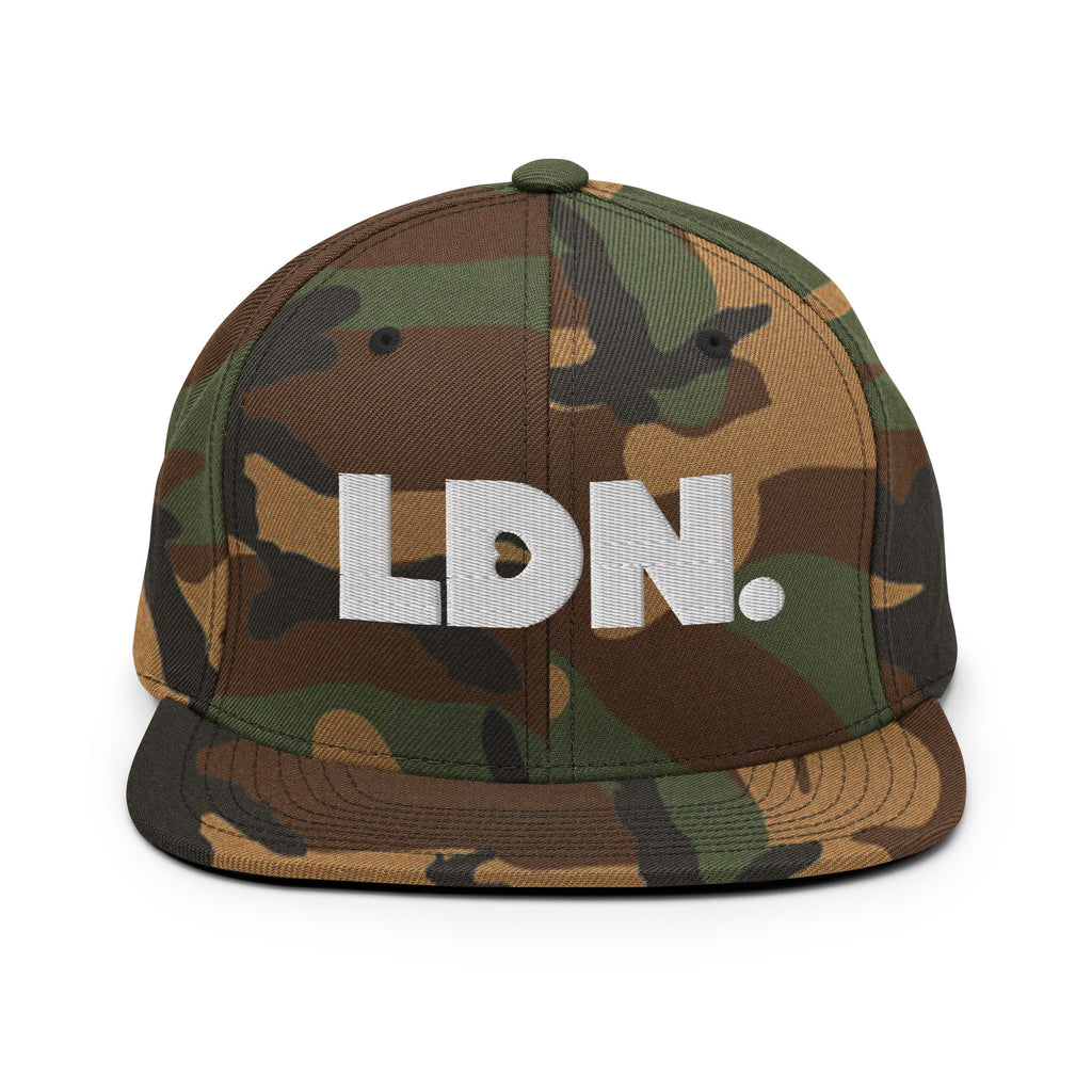 Black snapback hat featuring bold “LDN.” text in white — streetwear-ready with structured fit, flat brim, and adjustable back. A sharp urban essential for London lovers.