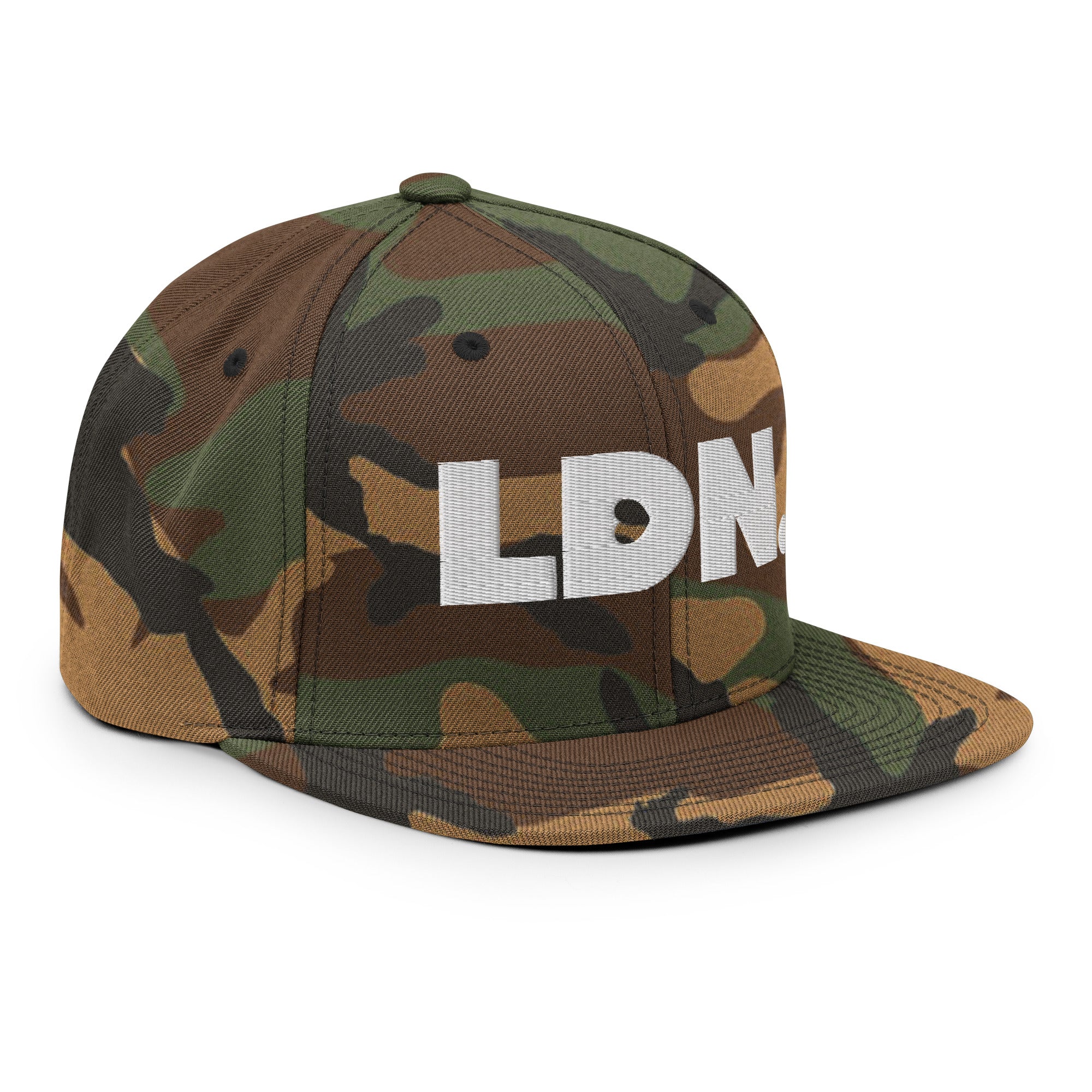 Black snapback hat featuring bold “LDN.” text in white — streetwear-ready with structured fit, flat brim, and adjustable back. A sharp urban essential for London lovers.