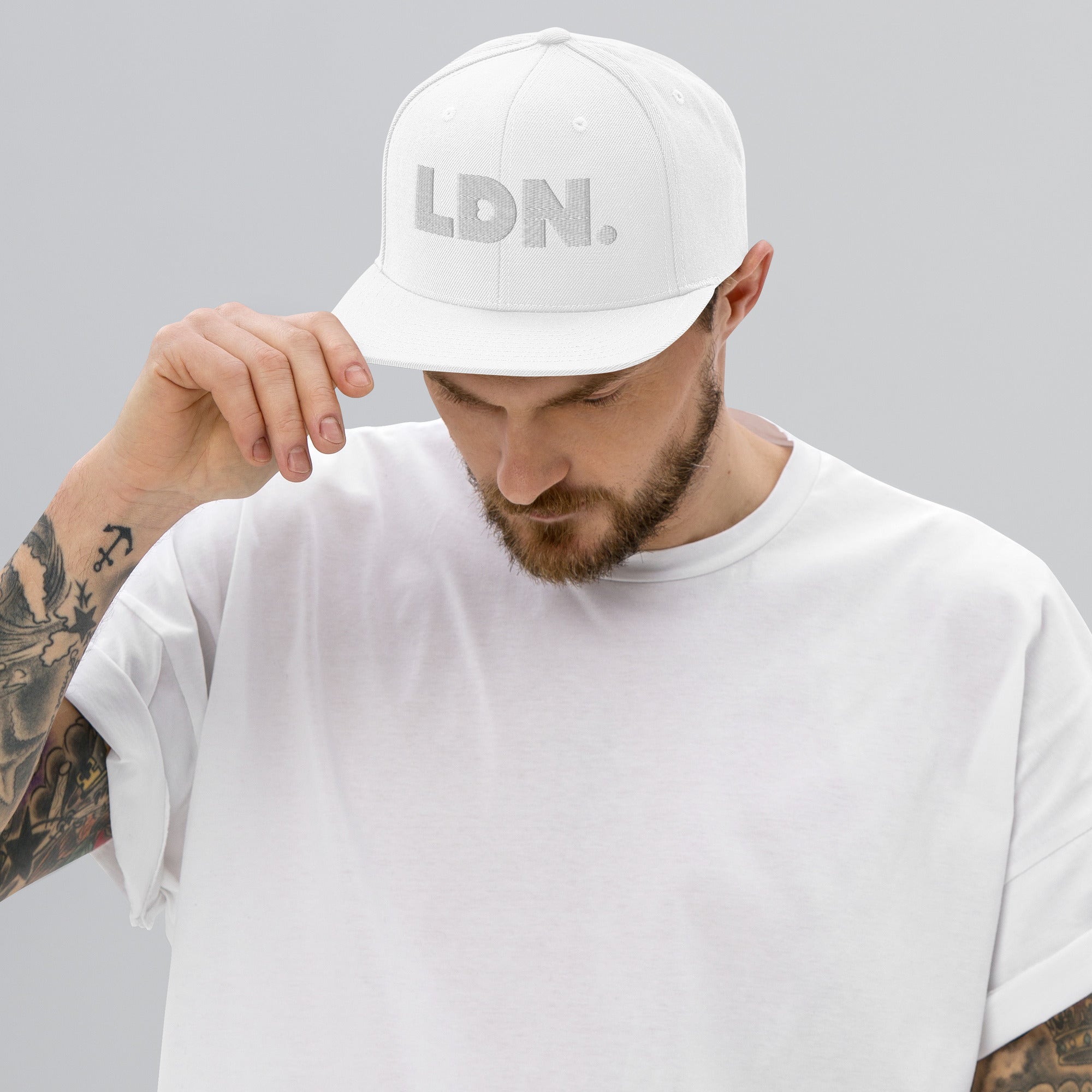 Black snapback hat featuring bold “LDN.” text in white — streetwear-ready with structured fit, flat brim, and adjustable back. A sharp urban essential for London lovers.