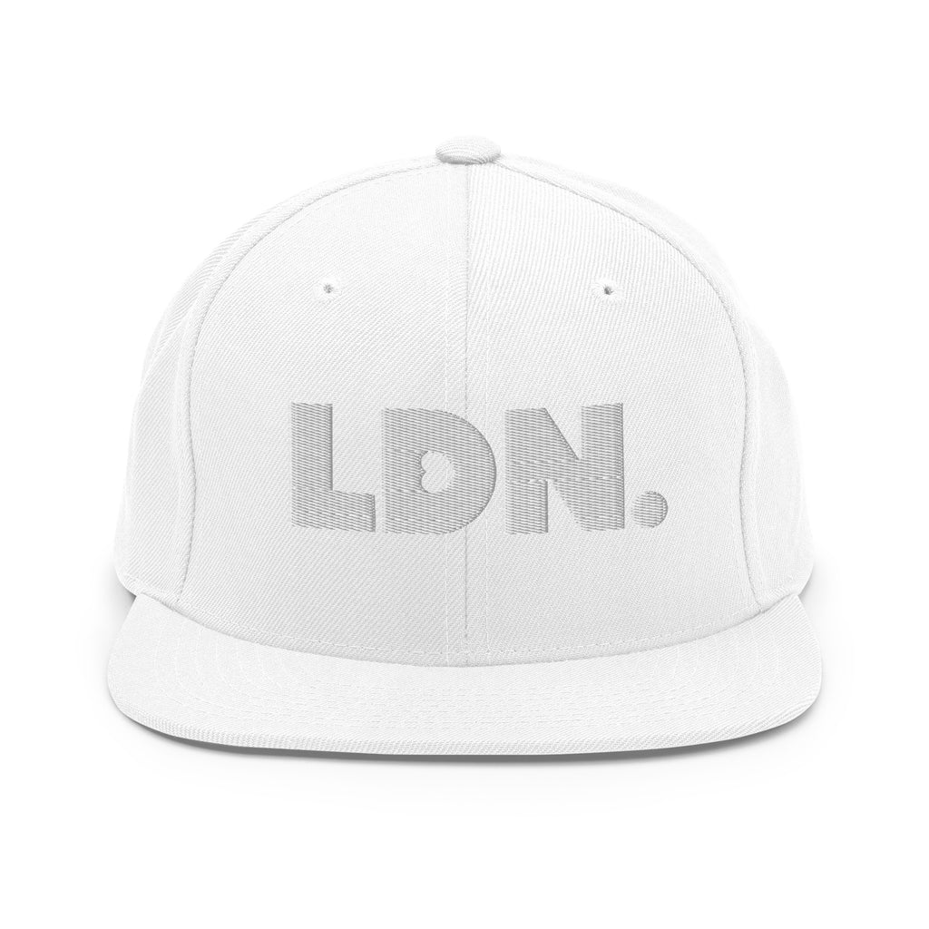 Black snapback hat featuring bold “LDN.” text in white — streetwear-ready with structured fit, flat brim, and adjustable back. A sharp urban essential for London lovers.
