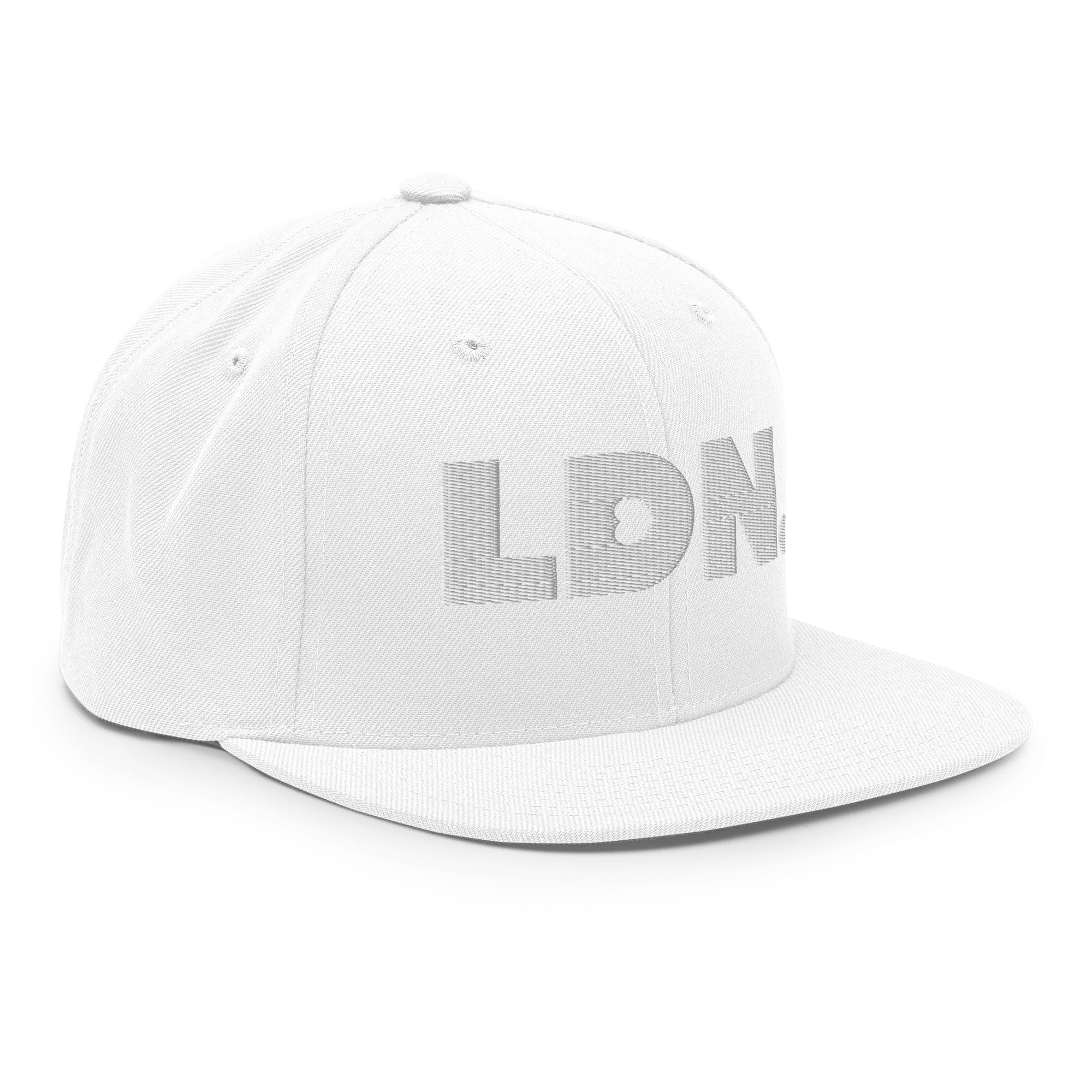 Black snapback hat featuring bold “LDN.” text in white — streetwear-ready with structured fit, flat brim, and adjustable back. A sharp urban essential for London lovers.