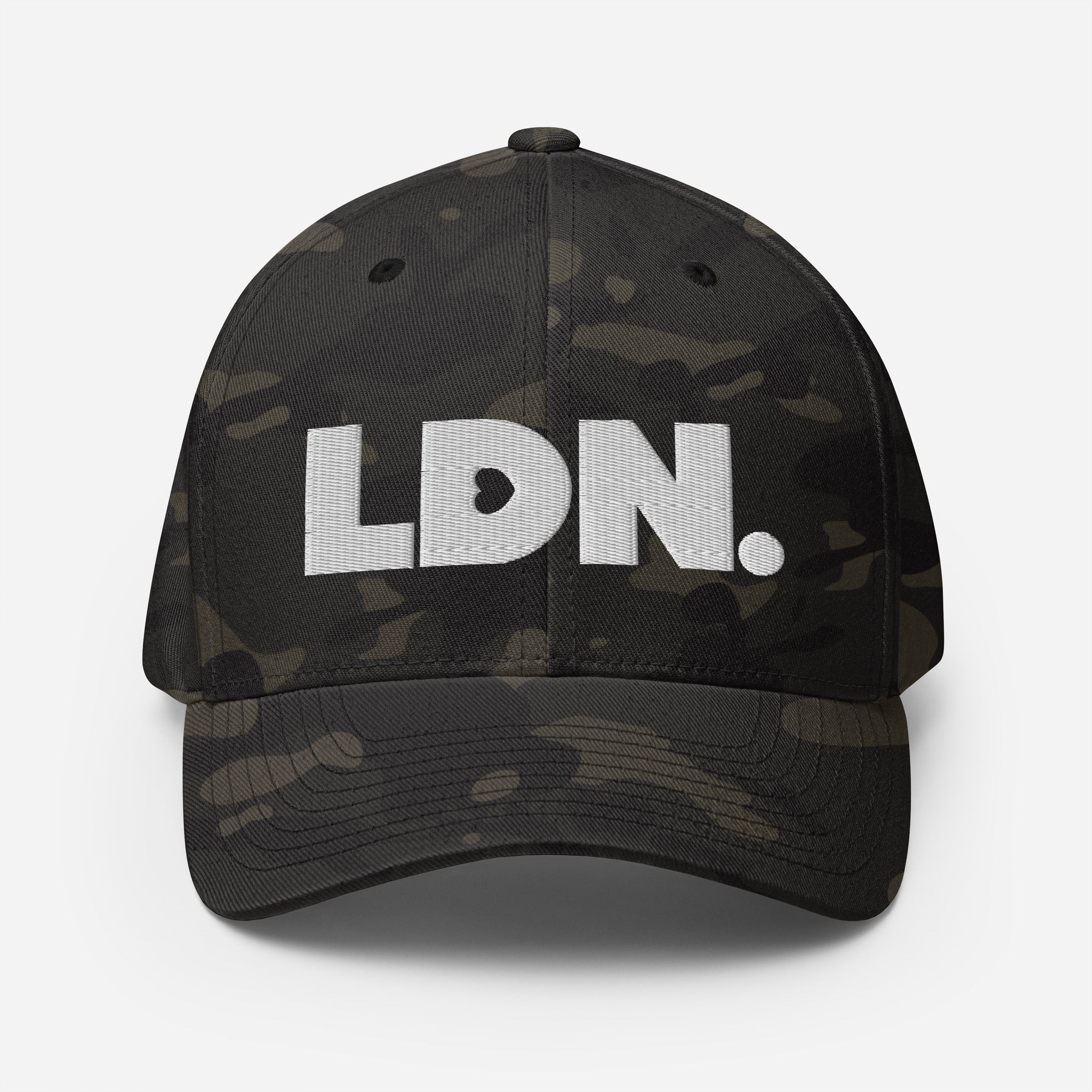 Structured twill cap with bold LDN. embroidery. Available in black, camo, red, navy, khaki and more. Two fitted sizes (S/M, L/XL). Clean finish, no mesh.