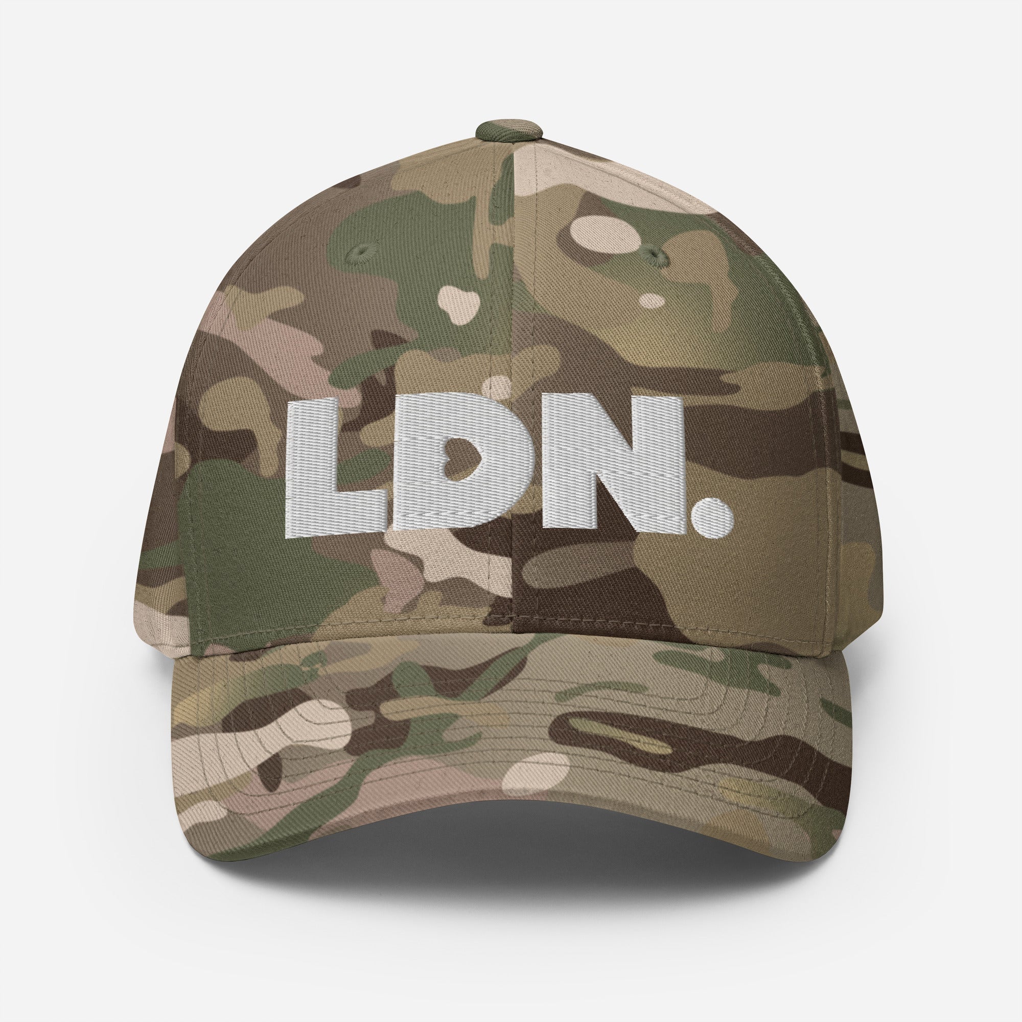 xStructured twill cap with bold LDN. embroidery. Available in black, camo, red, navy, khaki and more. Two fitted sizes (S/M, L/XL). Clean finish, no mesh.