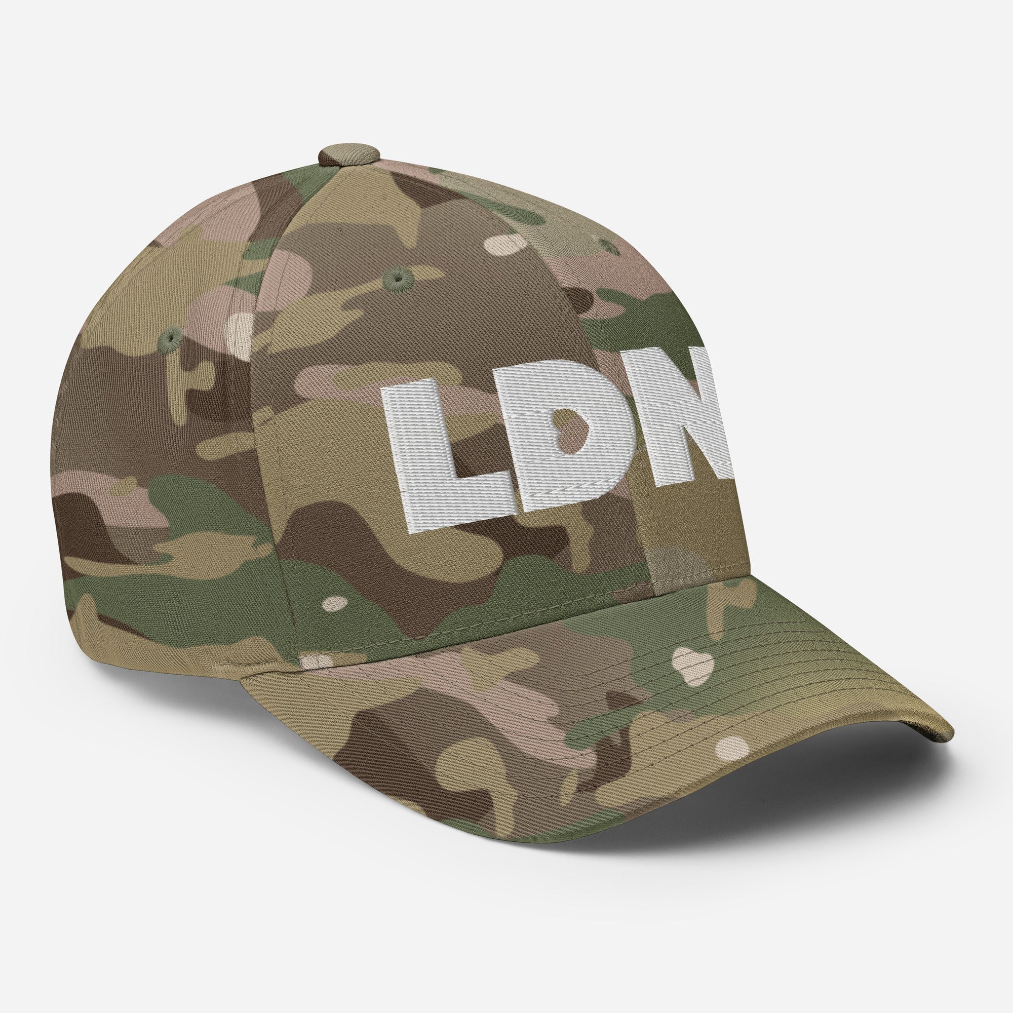 Structured twill cap with bold LDN. embroidery. Available in black, camo, red, navy, khaki and more. Two fitted sizes (S/M, L/XL). Clean finish, no mesh.