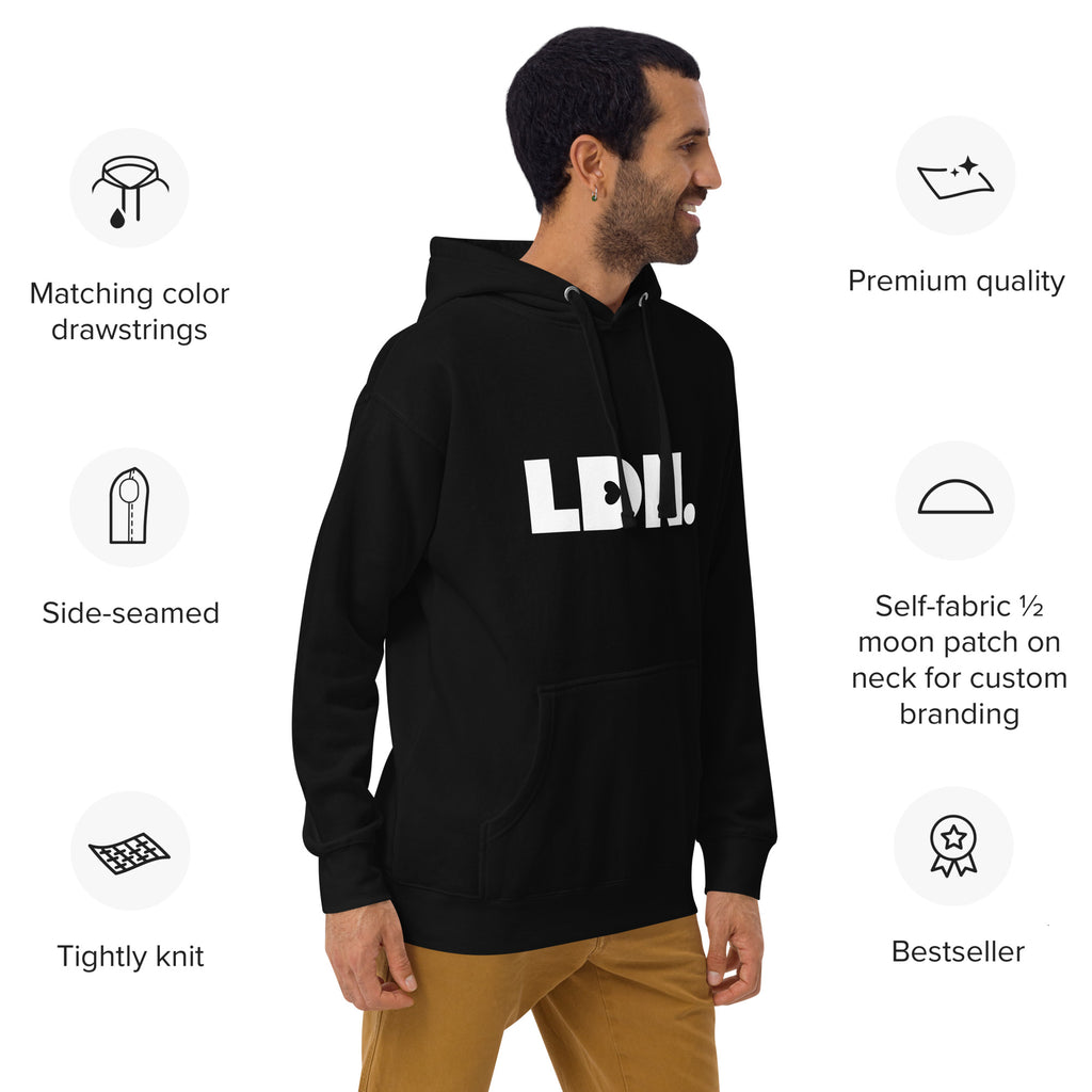 Unisex Hoodie - hoodie with white “LDN.” graphic worn by male model — soft fleece lining, relaxed streetwear silhouette, perfect for layering in cooler seasons.
