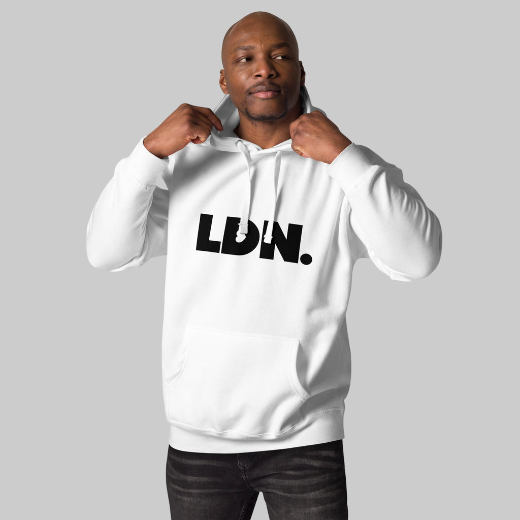 Unisex hoodie with bold black “LDN.” logo across the chest. Minimalist design, soft cotton fabric, and modern fit. Ideal for everyday wear, travel, or street-style layering.