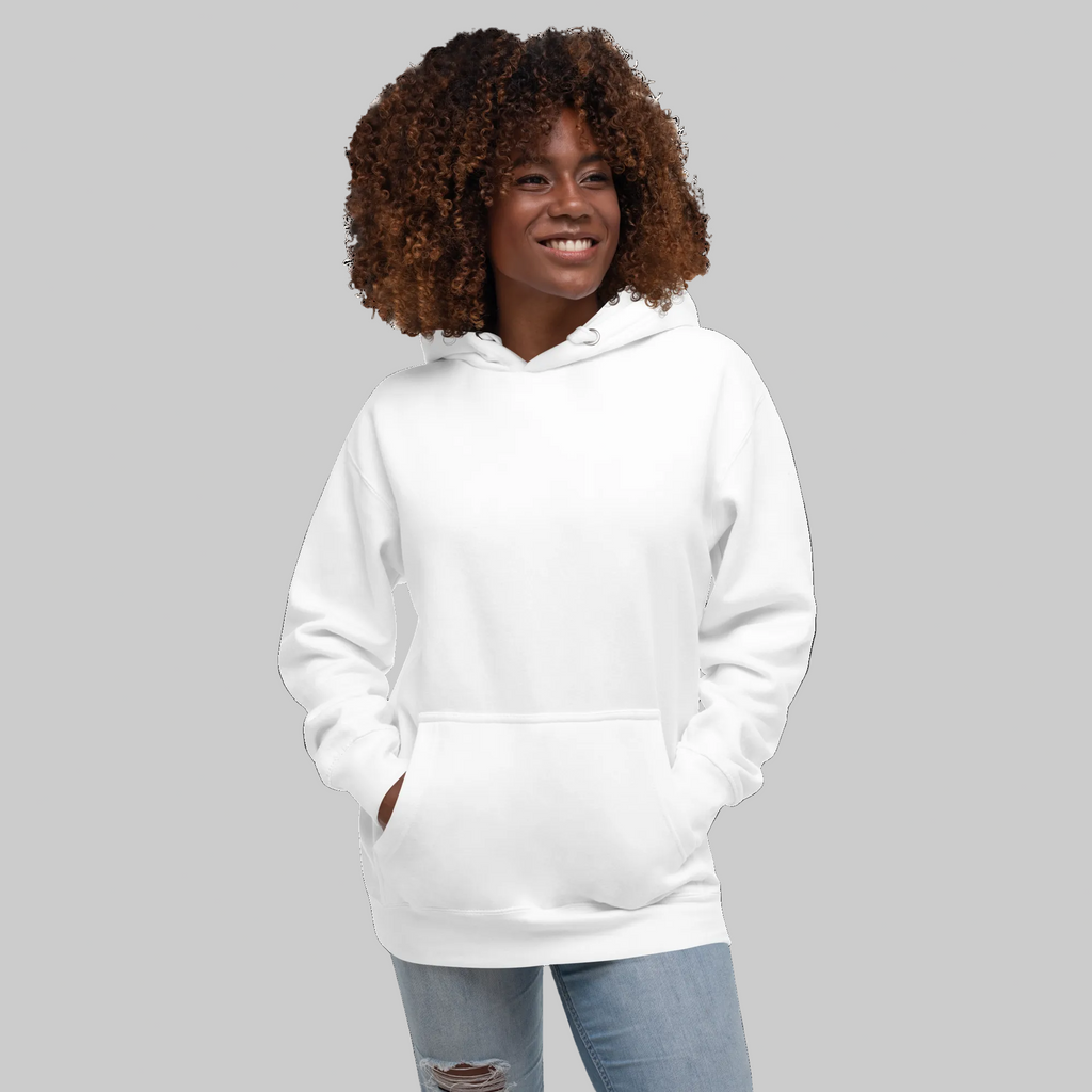 Unisex Hoodie - White hoodie with tonal “LDN.” graphic worn by female model — soft fleece lining, relaxed streetwear silhouette, perfect for layering in cooler seasons.