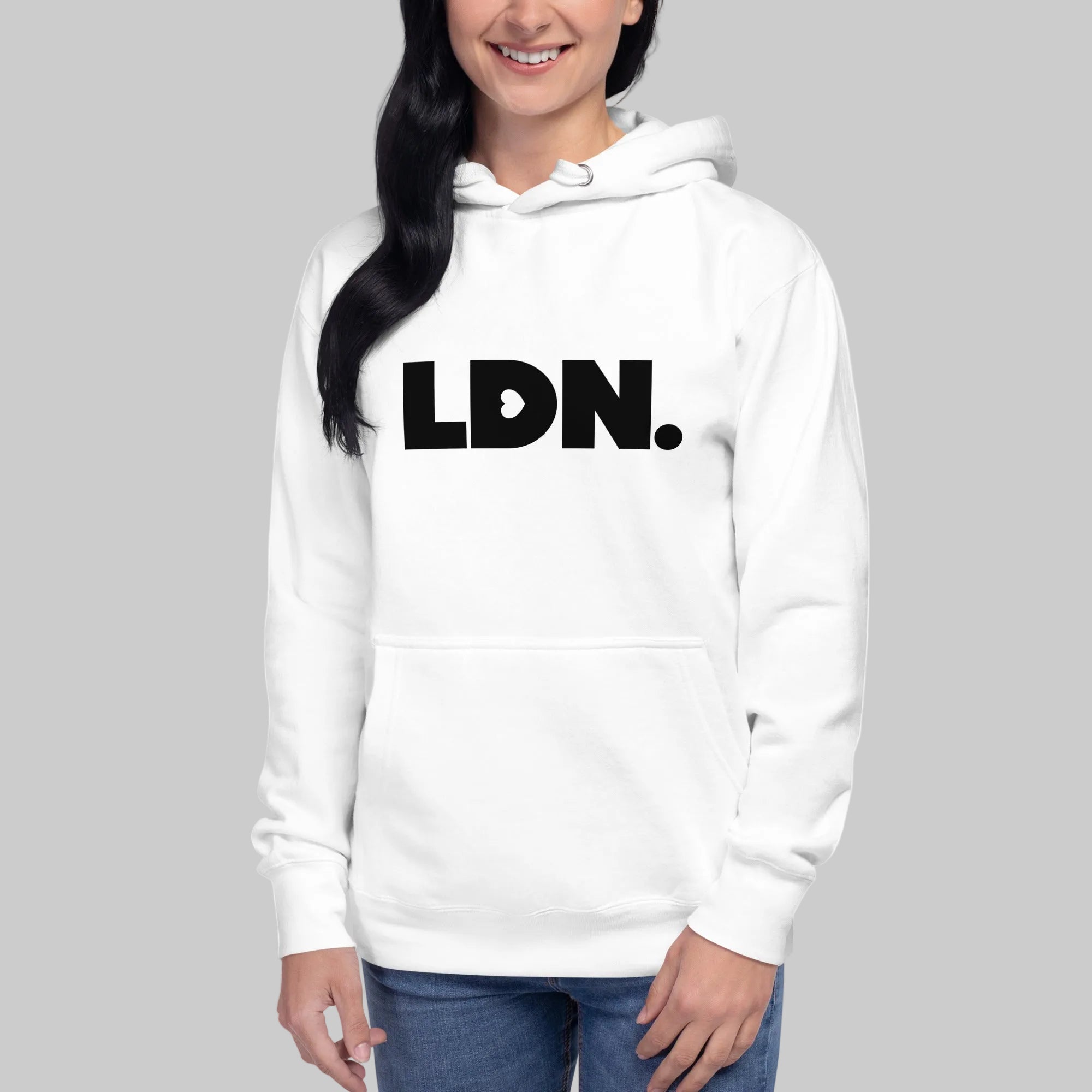 Unisex hoodie with bold black “LDN.” logo across the chest. Minimalist design, soft cotton fabric, and modern fit. Ideal for everyday wear, travel, or street-style layering.