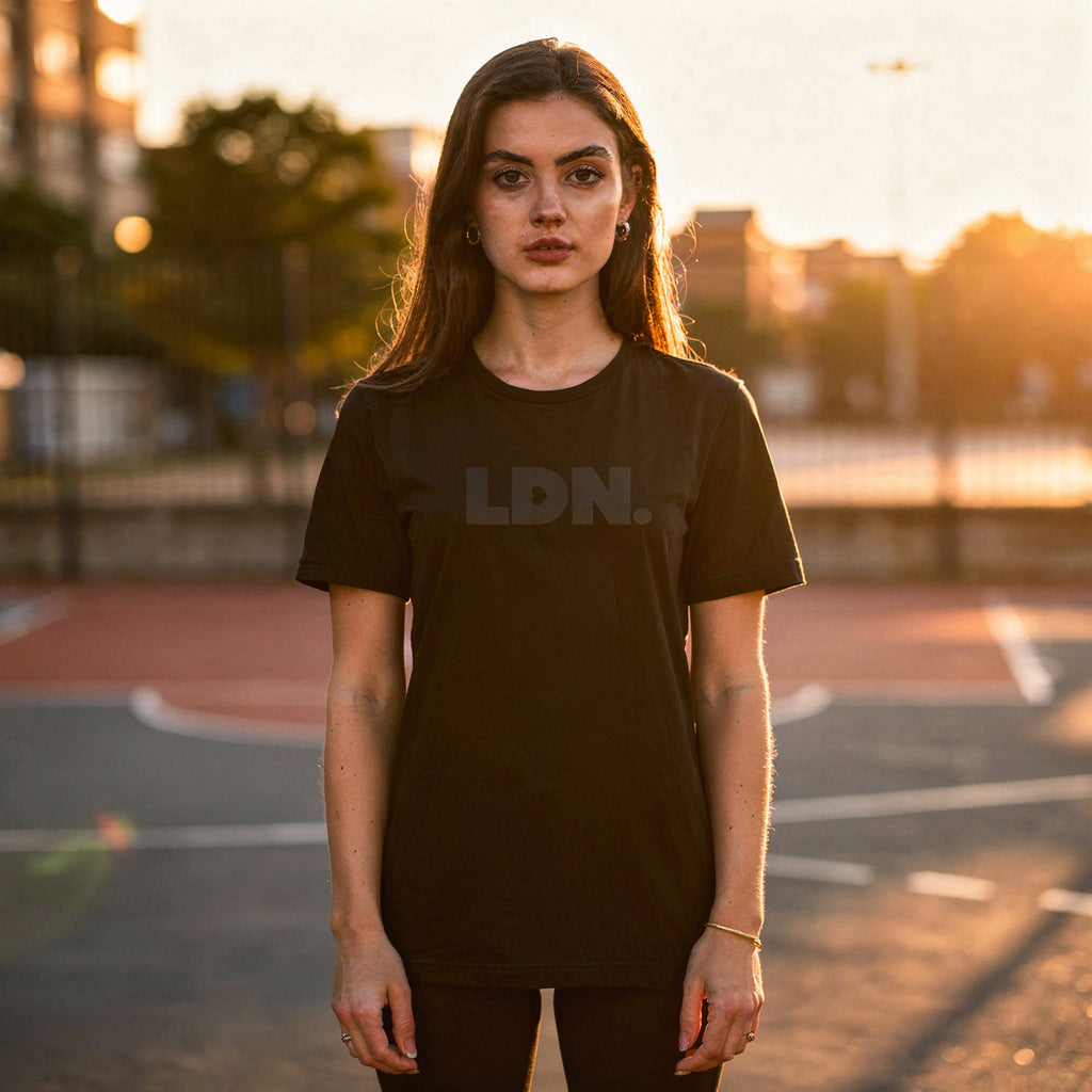 A t-shirt featuring a bold, minimalist design with LDN printed in large, dark letters across the chest. This unisex t-shirt offers a sleek and stylish way to show your London pride, perfect for casual wear or as a statement piece.