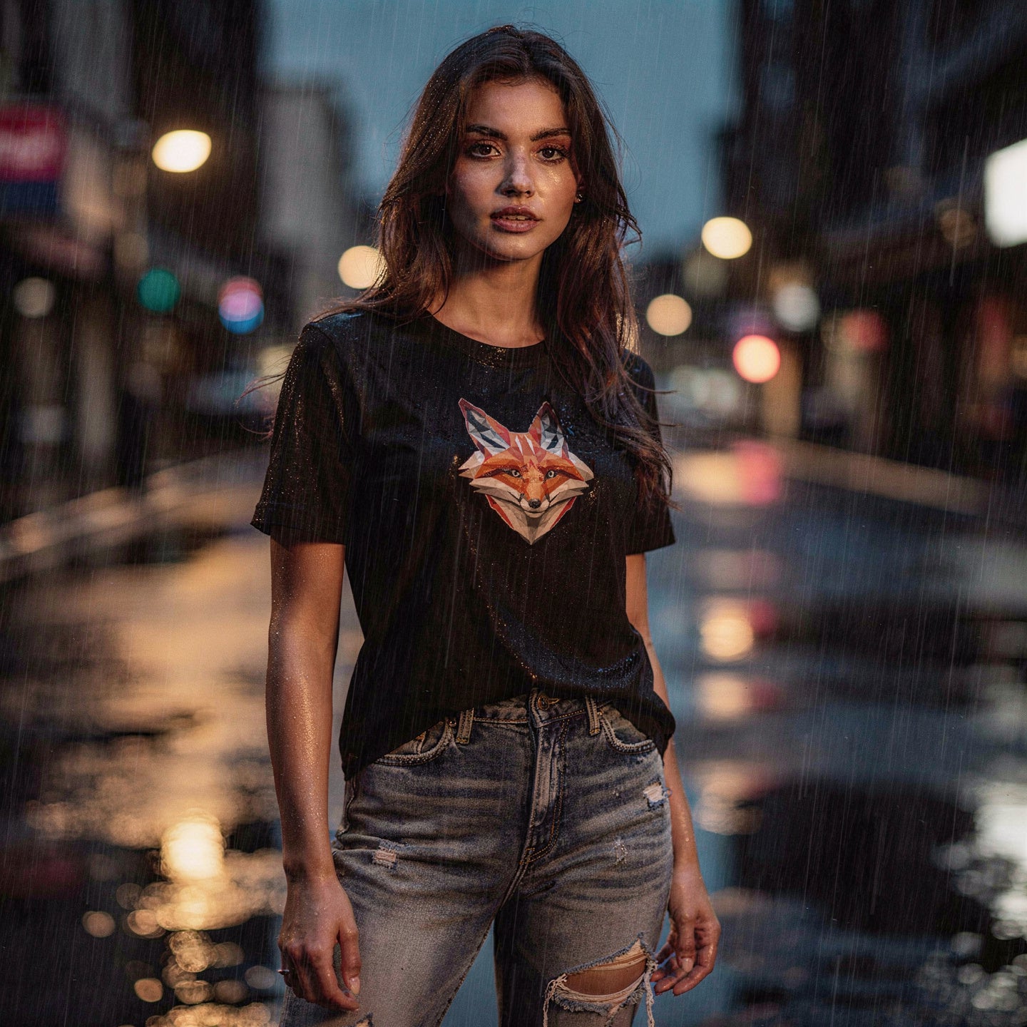 Person wearing a black t-shirt with a fox graphic design, standing in a rainy street