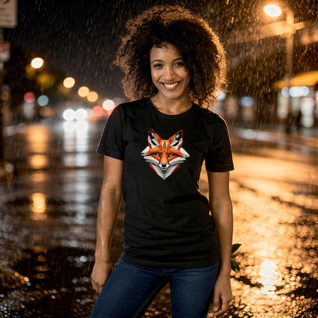 Person wearing a black t-shirt with a fox graphic design, standing in a rainy street