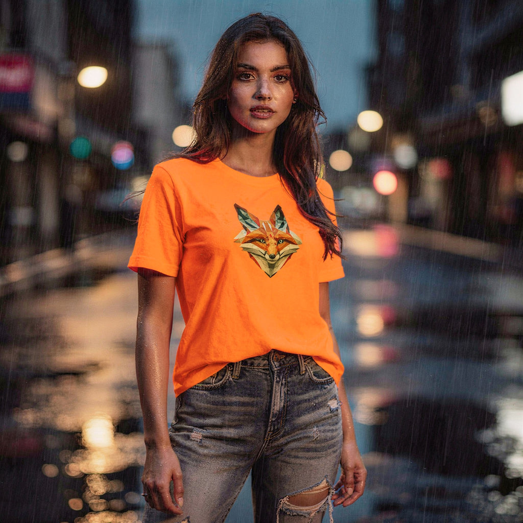 Woman wearing an orange t-shirt with a fox graphic on a city street at night.