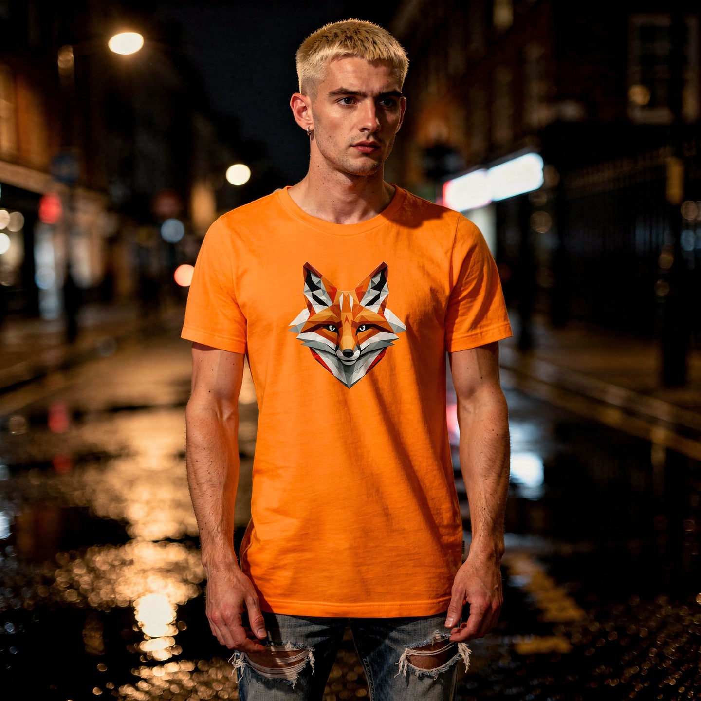 Person wearing a orange t-shirt with a fox graphic design, standing in a rainy street