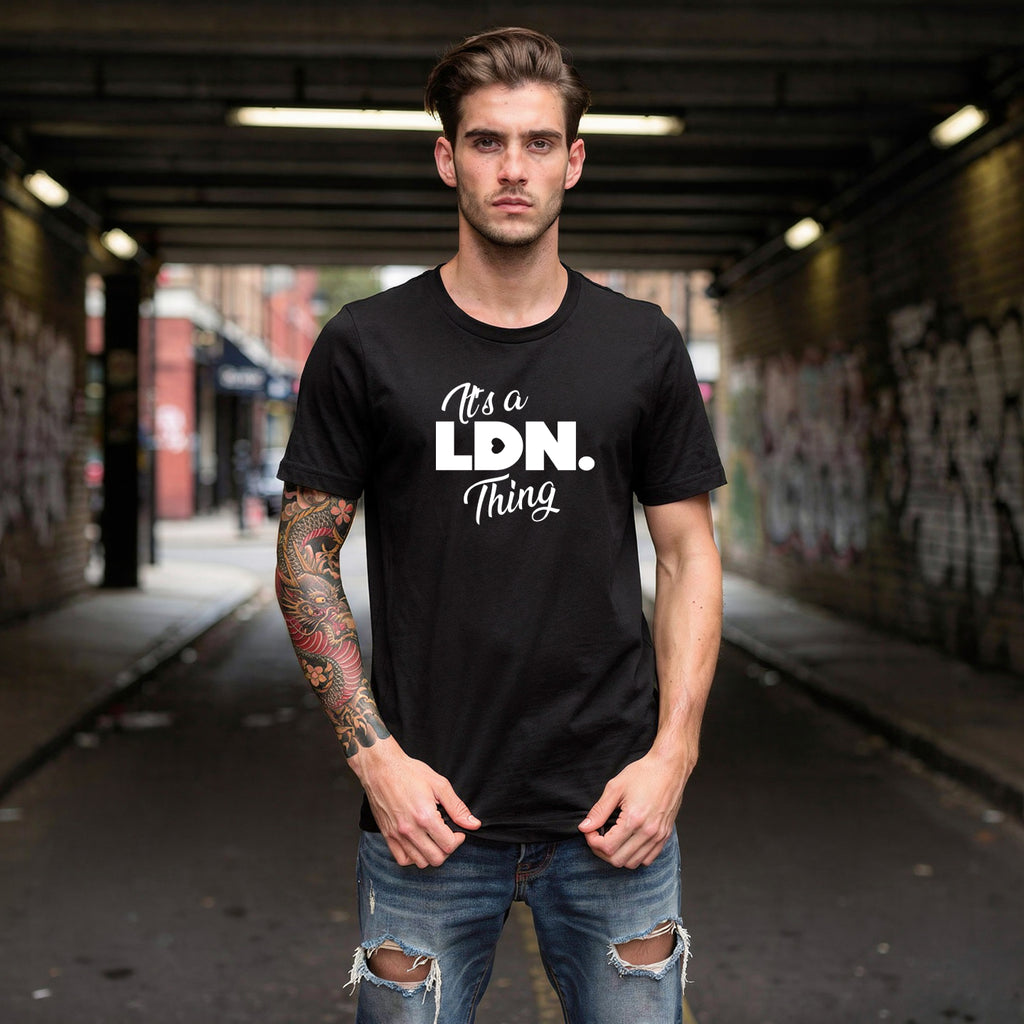 Unisex t-shirt with front-left chest slogan reading “It’s a LDN. Thing.” Clean design, soft cotton feel, and a minimalist fit for everyday streetwear lovers.