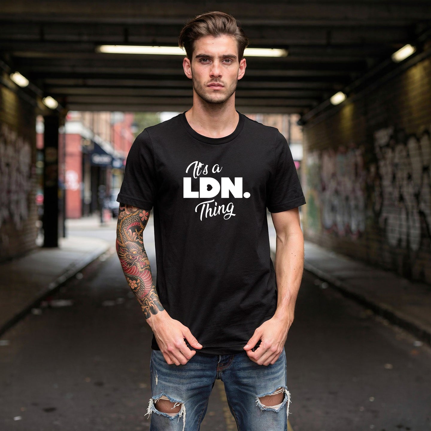 Unisex t-shirt with front-left chest slogan reading “It’s a LDN. Thing.” Clean design, soft cotton feel, and a minimalist fit for everyday streetwear lovers.