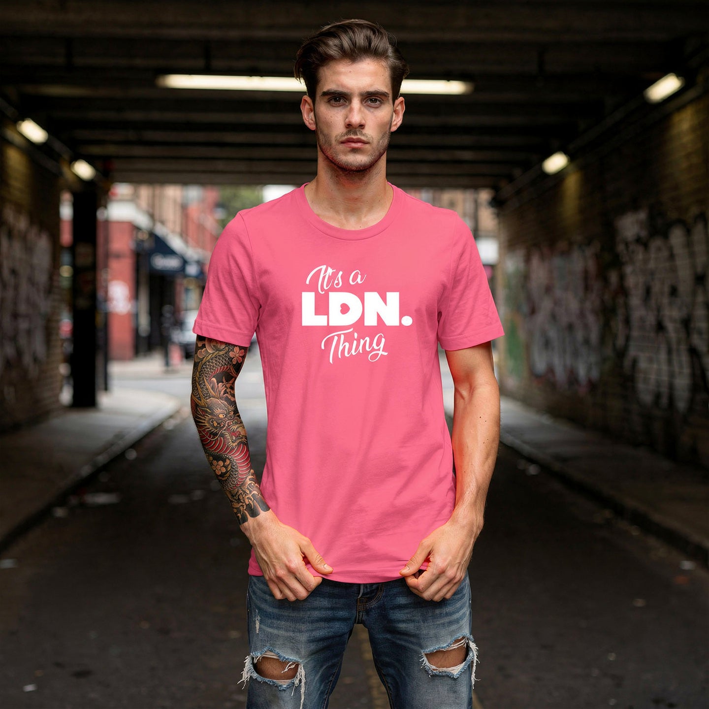 Unisex t-shirt with front-left chest slogan reading “It’s a LDN. Thing.” Clean design, soft cotton feel, and a minimalist fit for everyday streetwear lovers.