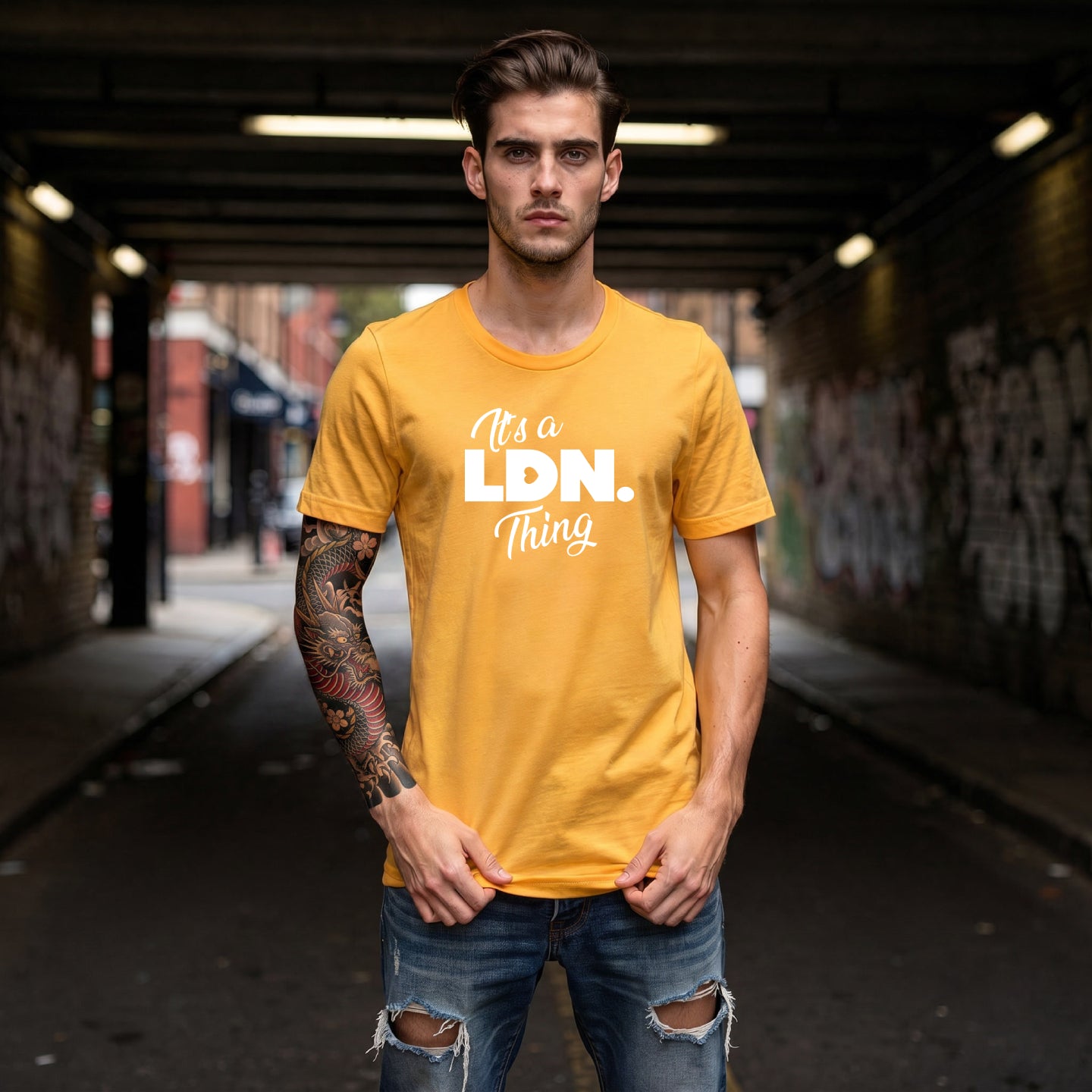 Unisex t-shirt with front-left chest slogan reading “It’s a LDN. Thing.” Clean design, soft cotton feel, and a minimalist fit for everyday streetwear lovers.