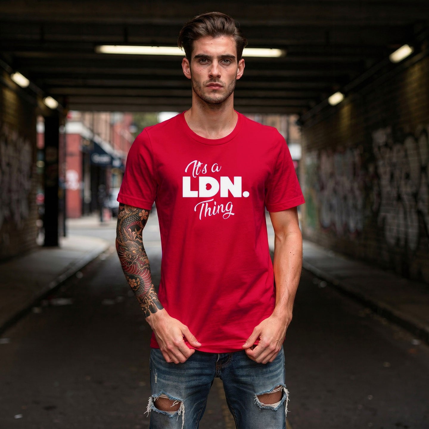 Unisex t-shirt with front-left chest slogan reading “It’s a LDN. Thing.” Clean design, soft cotton feel, and a minimalist fit for everyday streetwear lovers.