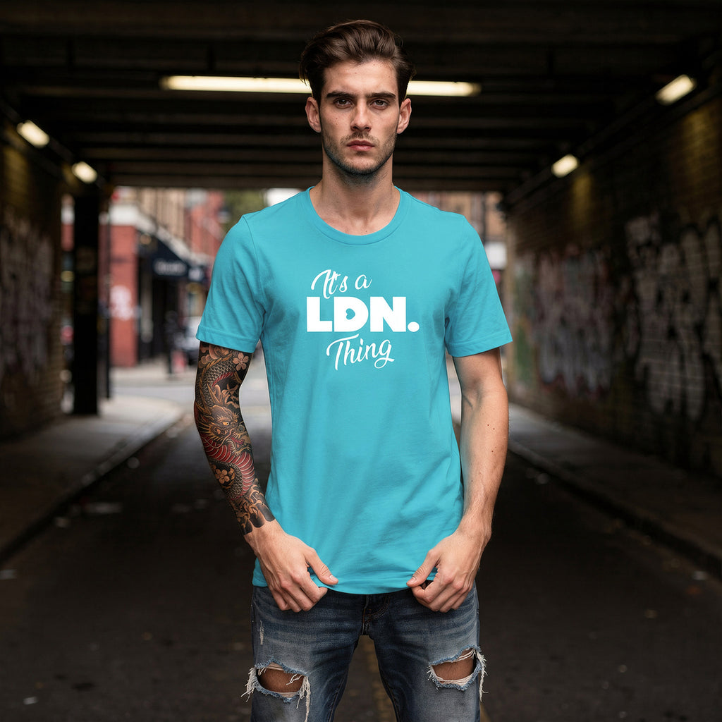 Unisex t-shirt with front-left chest slogan reading “It’s a LDN. Thing.” Clean design, soft cotton feel, and a minimalist fit for everyday streetwear lovers.