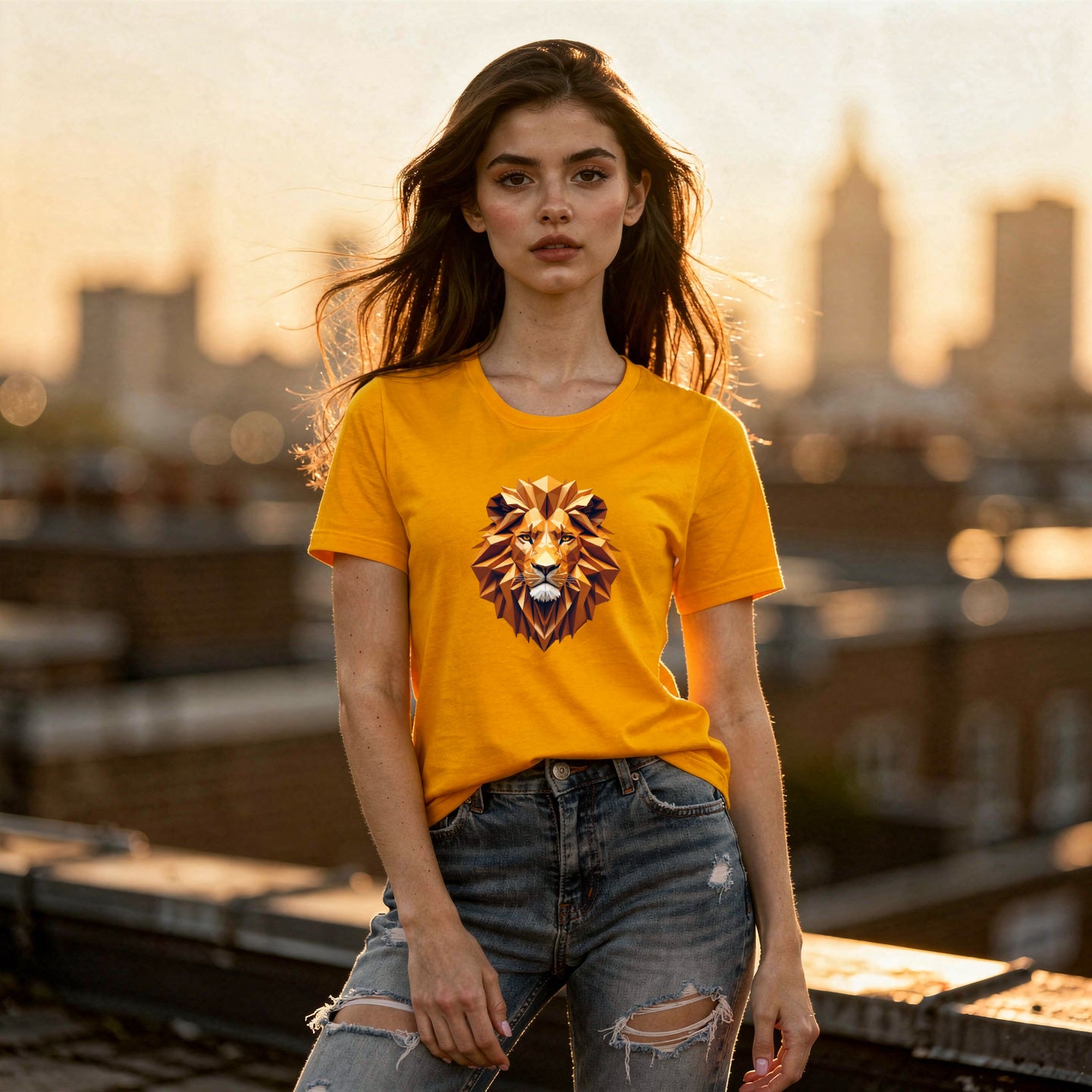 Woman wearing a yellow t-shirt with a lion graphic design, standing on a rooftop with city skyline in the background.