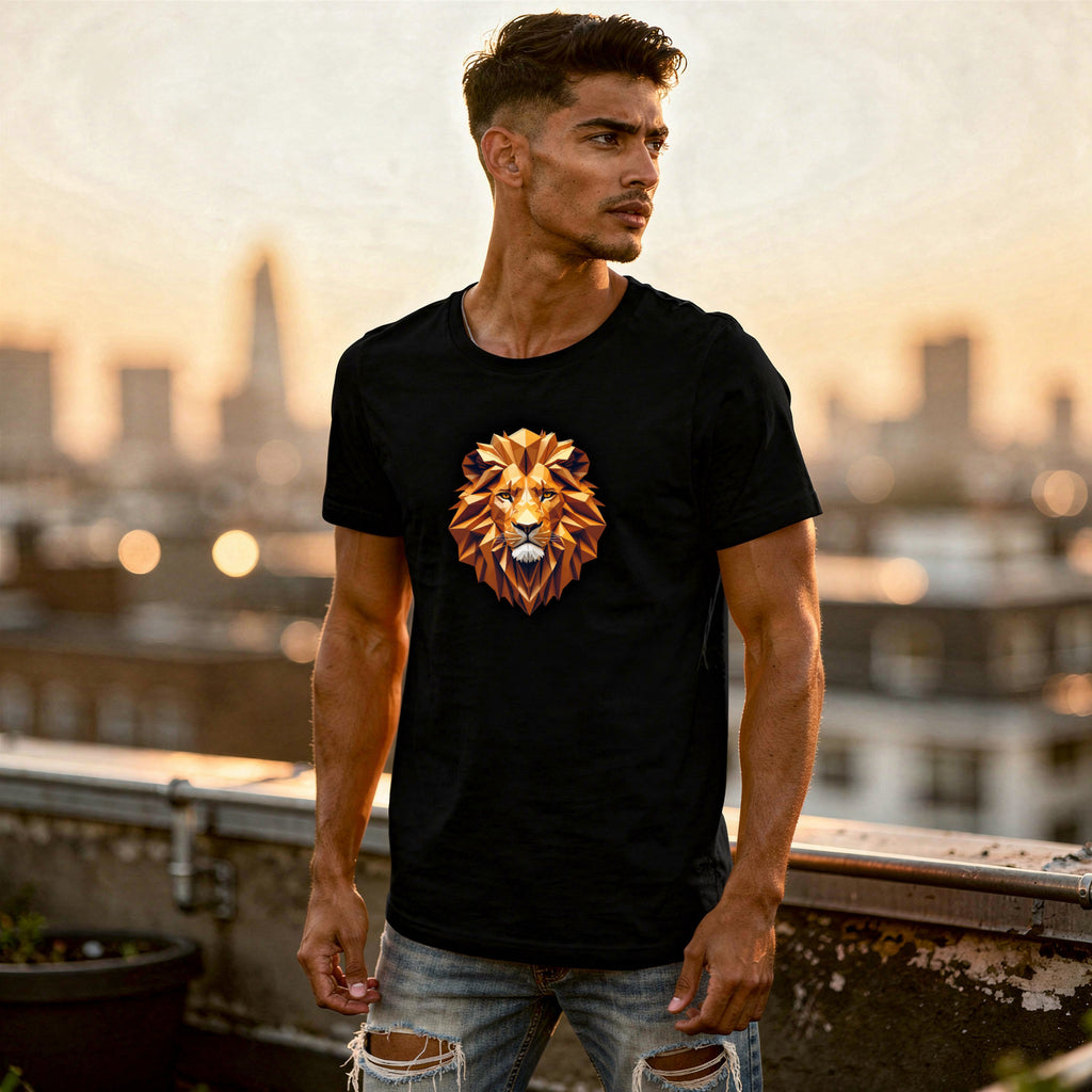 Man wearing a black t-shirt with a lion graphic on a rooftop at sunset.