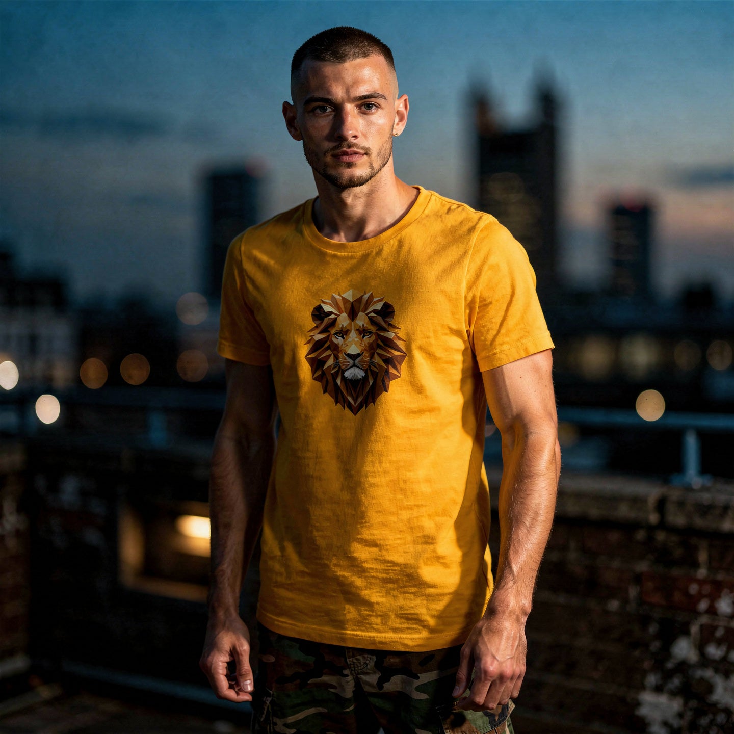 Man wearing a yellow t-shirt with a lion graphic on a rooftop at dusk.