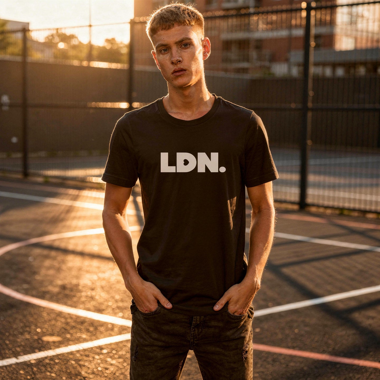 T-shirt featuring a bold, minimalist design with LDN printed in large, white letters across the chest. This unisex t-shirt offers a sleek and stylish way to show your London pride, perfect for casual wear or as a statement piece.