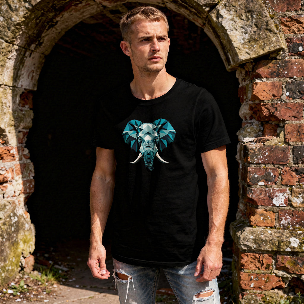 Unisex t-shirt featuring a bold geometric elephant graphic. Clean animal design with sharp lines and modern streetwear styling, wearing ripped jeans, Ancient stone archway or crumbling brick wall.