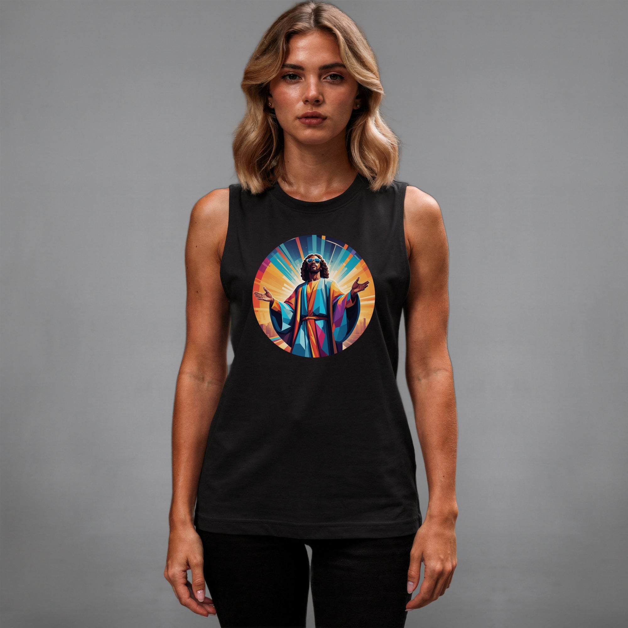 Black unisex muscle tank featuring a colourful, radiant graphic of Funky Jaysus with arms raised in a rainbow-lit robe. Relaxed fit with wide armholes, made from soft cotton. Festival-ready and music-inspired streetwear. Wording Music is my Religion.