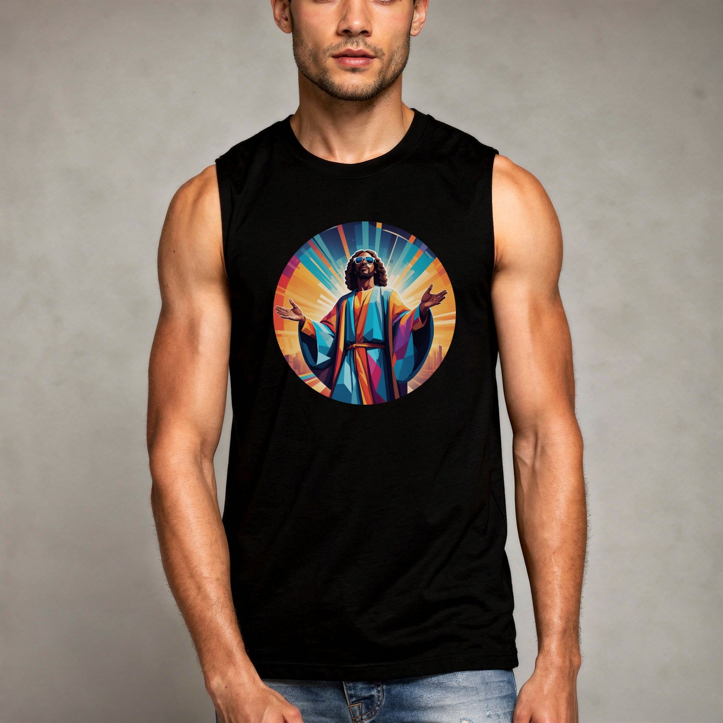 Black unisex muscle tank featuring a colourful, radiant graphic of Funky Jaysus with arms raised in a rainbow-lit robe. Relaxed fit with wide armholes, made from soft cotton. Festival-ready and music-inspired streetwear. Wording Music is my Religion.
