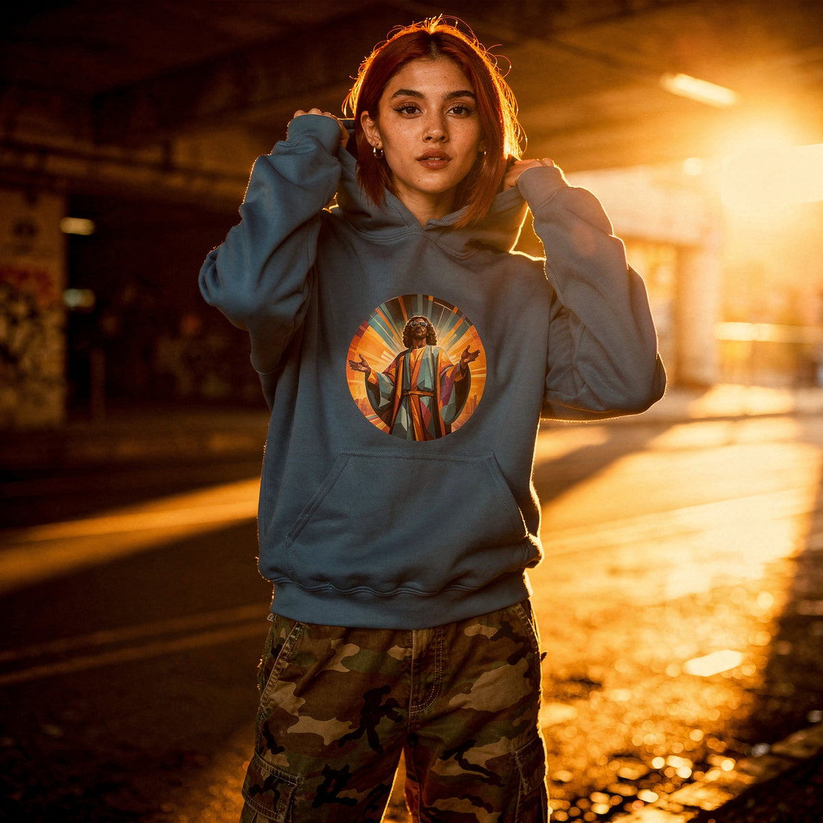 A person standing in a sunlit urban setting wearing a dusty blue pullover hoodie with a circular graphic print on the chest and camouflage cargo pants.