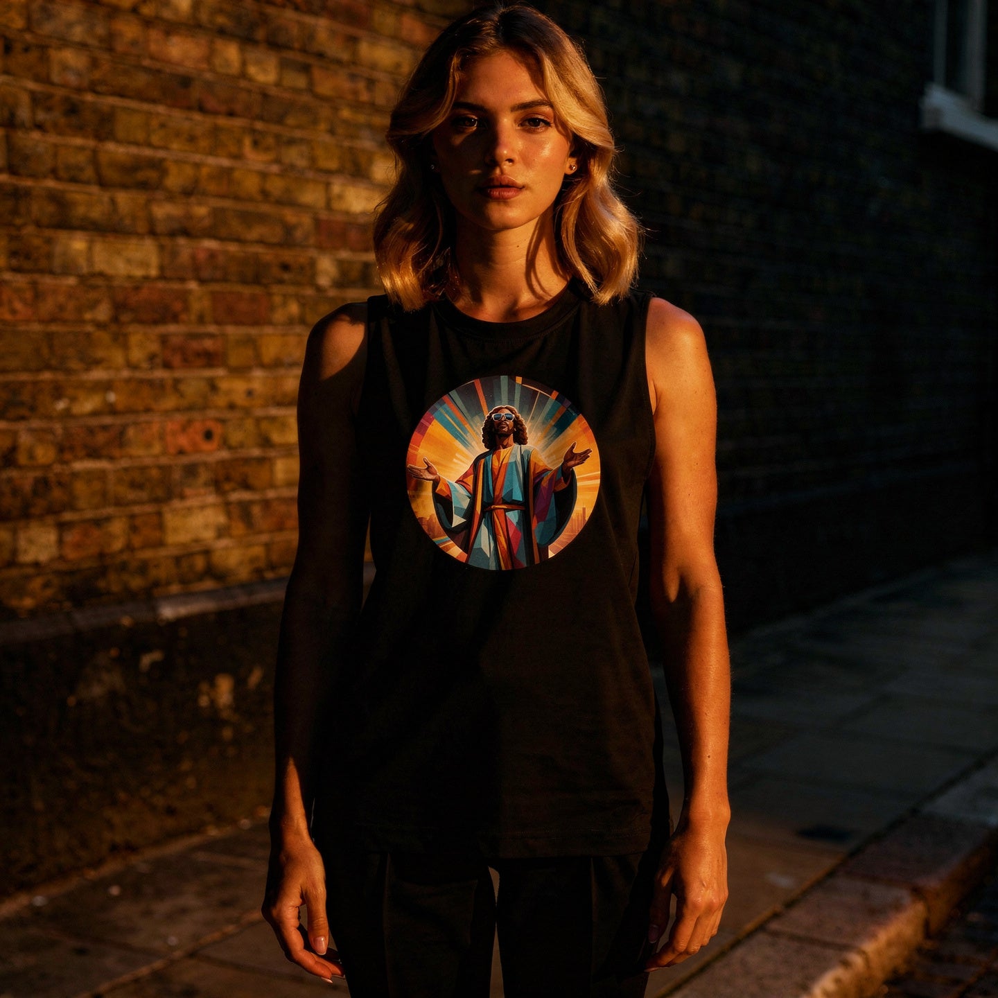 Black unisex muscle tank featuring a colourful, radiant graphic of Funky Jaysus with arms raised in a rainbow-lit robe. Relaxed fit with wide armholes, made from soft cotton. Festival-ready and music-inspired streetwear. Wording Music is my Religion.