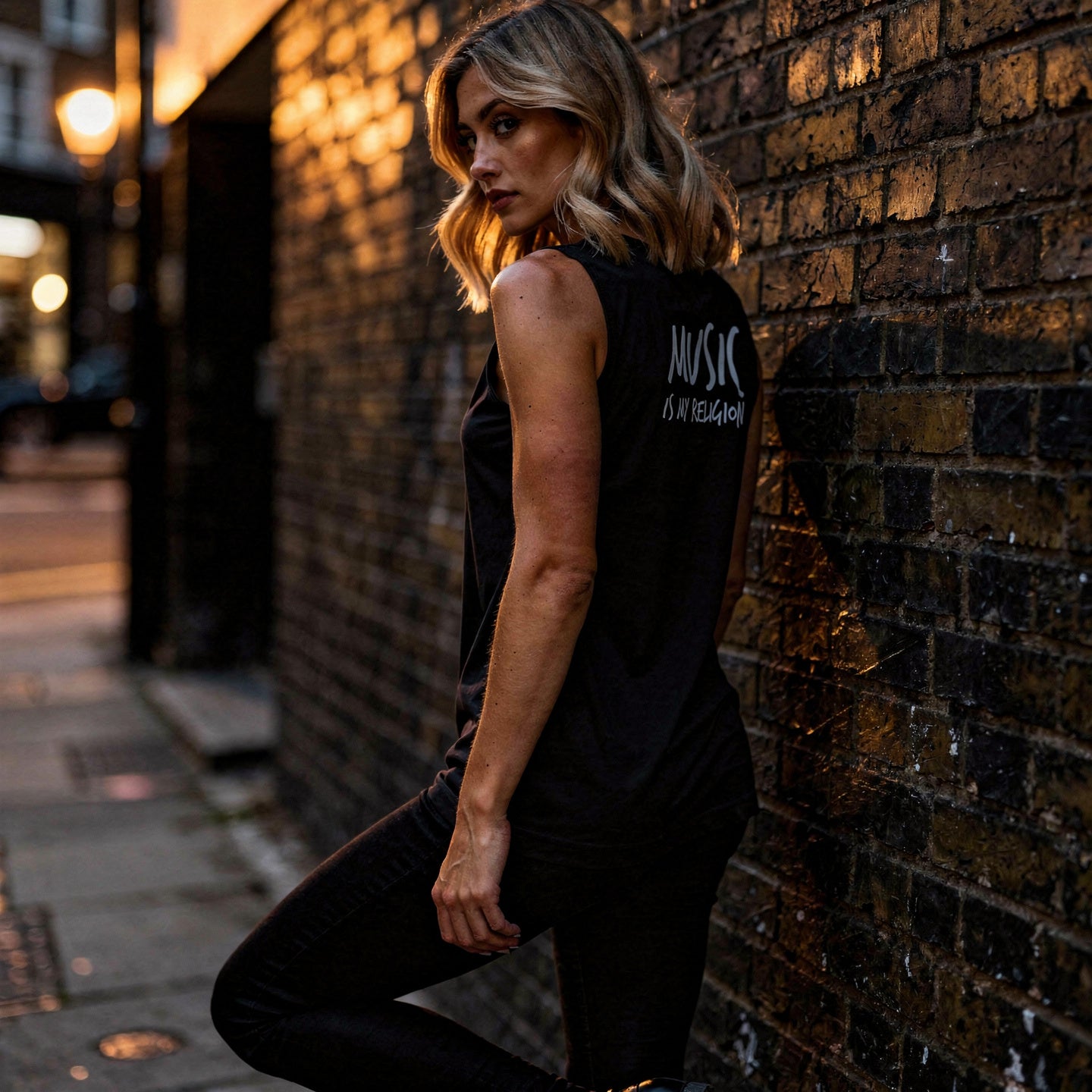 Black unisex muscle tank featuring a colourful, radiant graphic of Funky Jaysus with arms raised in a rainbow-lit robe. Relaxed fit with wide armholes, made from soft cotton. Festival-ready and music-inspired streetwear. Wording Music is my Religion.