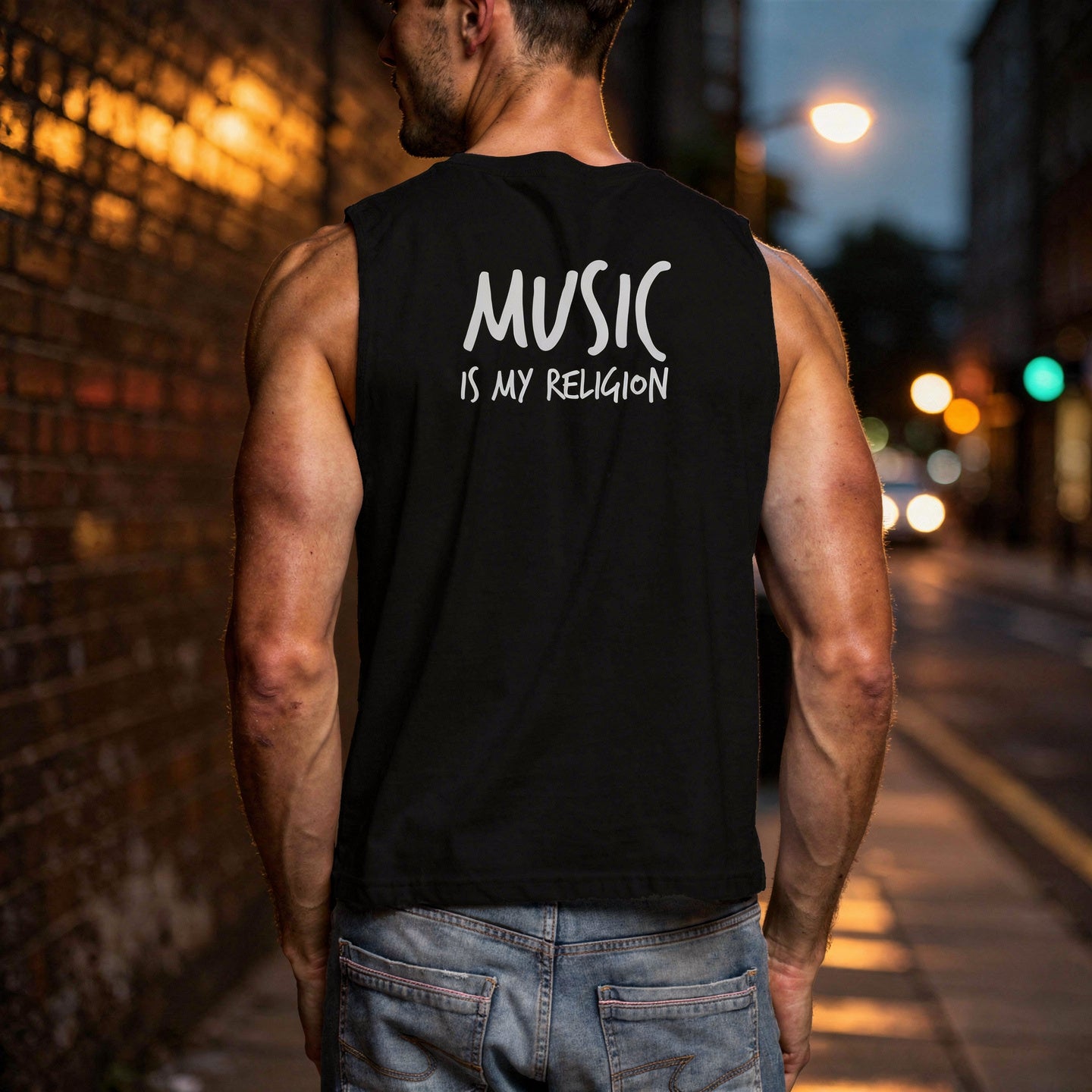 Black unisex muscle tank featuring a colourful, radiant graphic of Funky Jaysus with arms raised in a rainbow-lit robe. Relaxed fit with wide armholes, made from soft cotton. Festival-ready and music-inspired streetwear. Wording Music is my Religion.