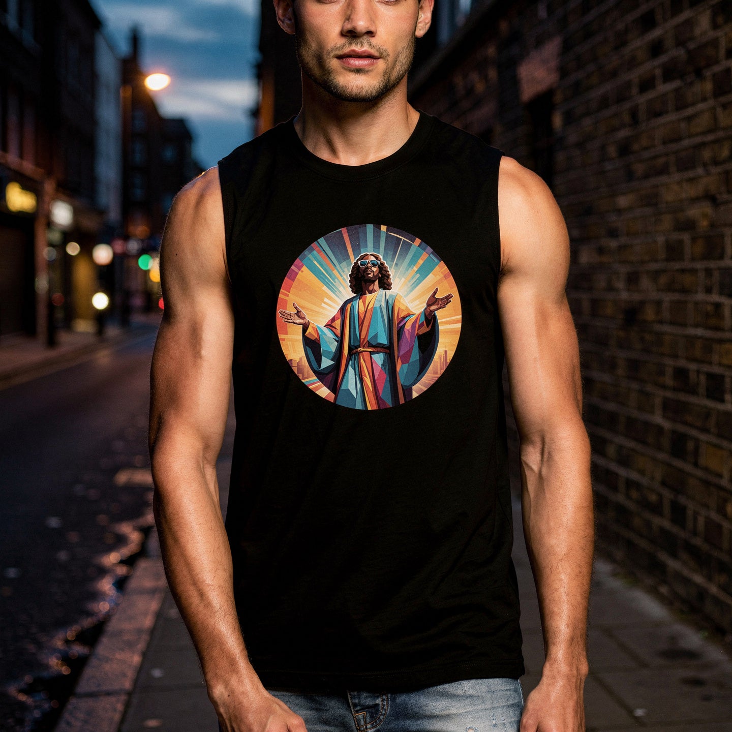 Black unisex muscle tank featuring a colourful, radiant graphic of Funky Jaysus with arms raised in a rainbow-lit robe. Relaxed fit with wide armholes, made from soft cotton. Festival-ready and music-inspired streetwear. Wording Music is my Religion.