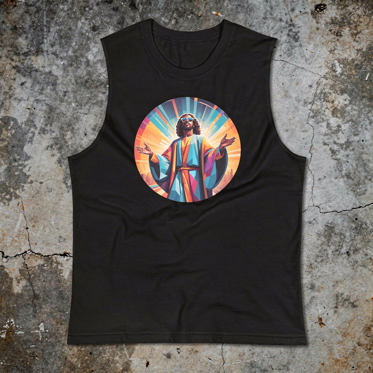 Black unisex muscle tank featuring a colourful, radiant graphic of Funky Jaysus with arms raised in a rainbow-lit robe. Relaxed fit with wide armholes, made from soft cotton. Festival-ready and music-inspired streetwear. Wording Music is my Religion.