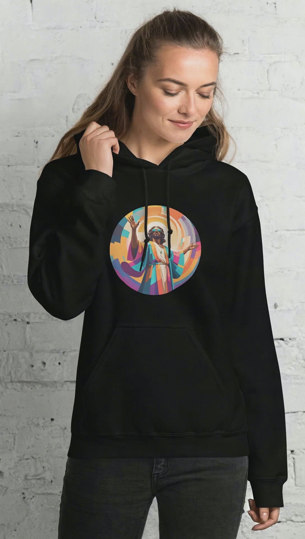 Unisex hoodie with bold, colourful geometric illustration of Funky Jaysus on front and “Drum&Bass is my religion” slogan on back. A statement streetwear piece for DnB lovers and festival culture.