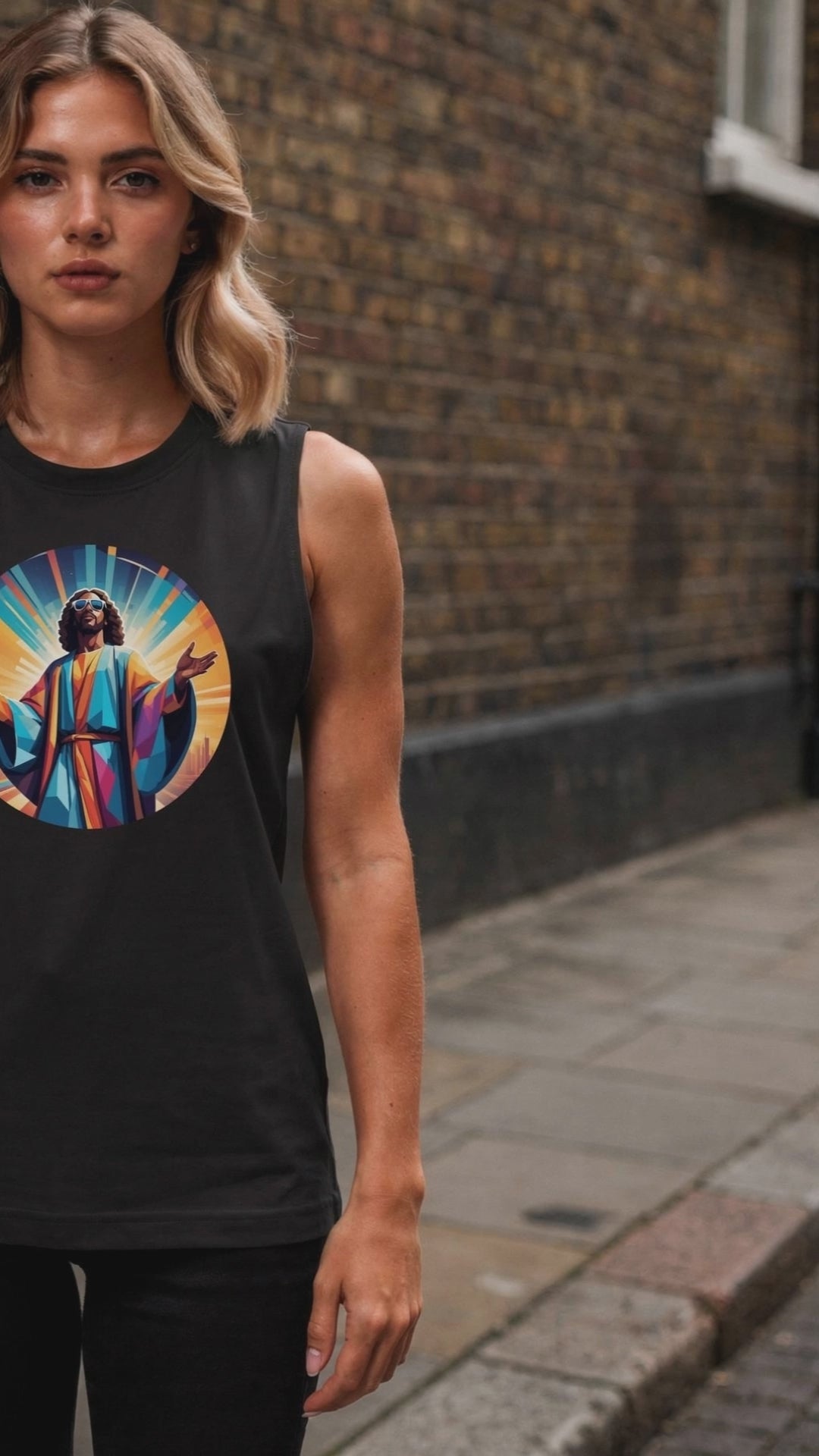 Black unisex muscle tank featuring a colourful, radiant graphic of Funky Jaysus with arms raised in a rainbow-lit robe. Relaxed fit with wide armholes, made from soft cotton. Festival-ready and music-inspired streetwear. Wording Music is my Religion.