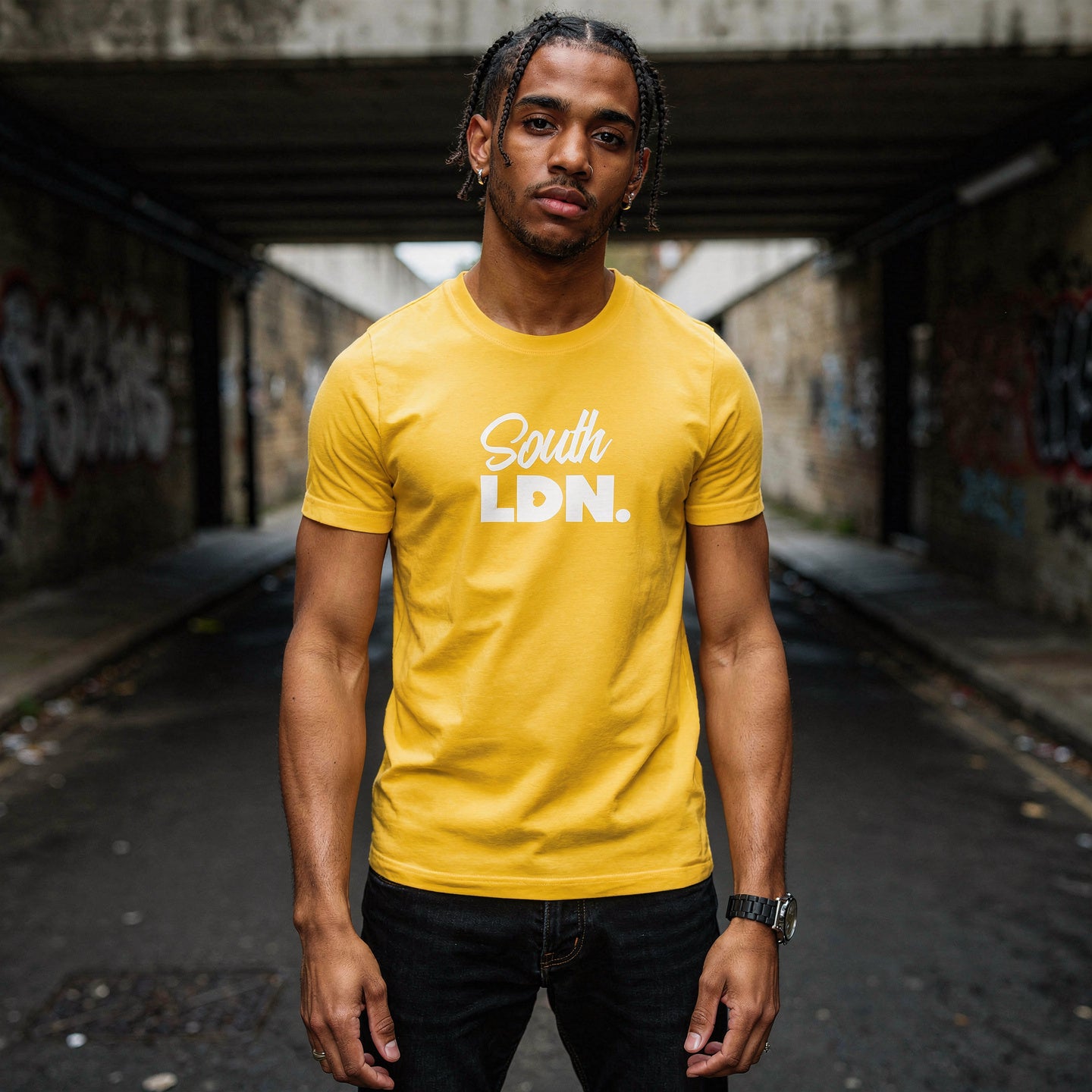 Man wearing a yellow 'South LDN' t-shirt standing in an urban setting with graffiti.