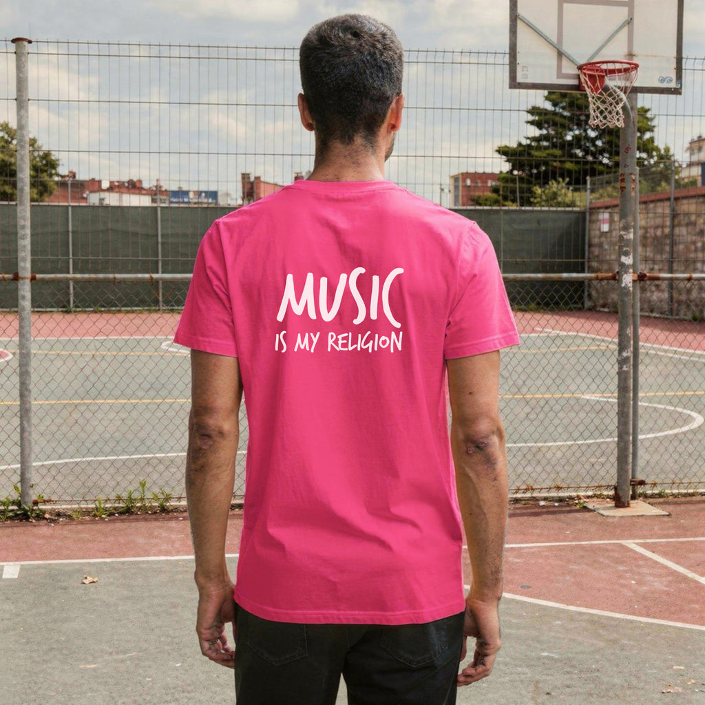 A bold "Music is My Religion" unisex t-shirt featuring a funky Jesus design in vibrant, geometric art. Made from 100% ring-spun cotton, this stylish shirt is perfect for music lovers, festival gear, and unique graphic tees that stand out.