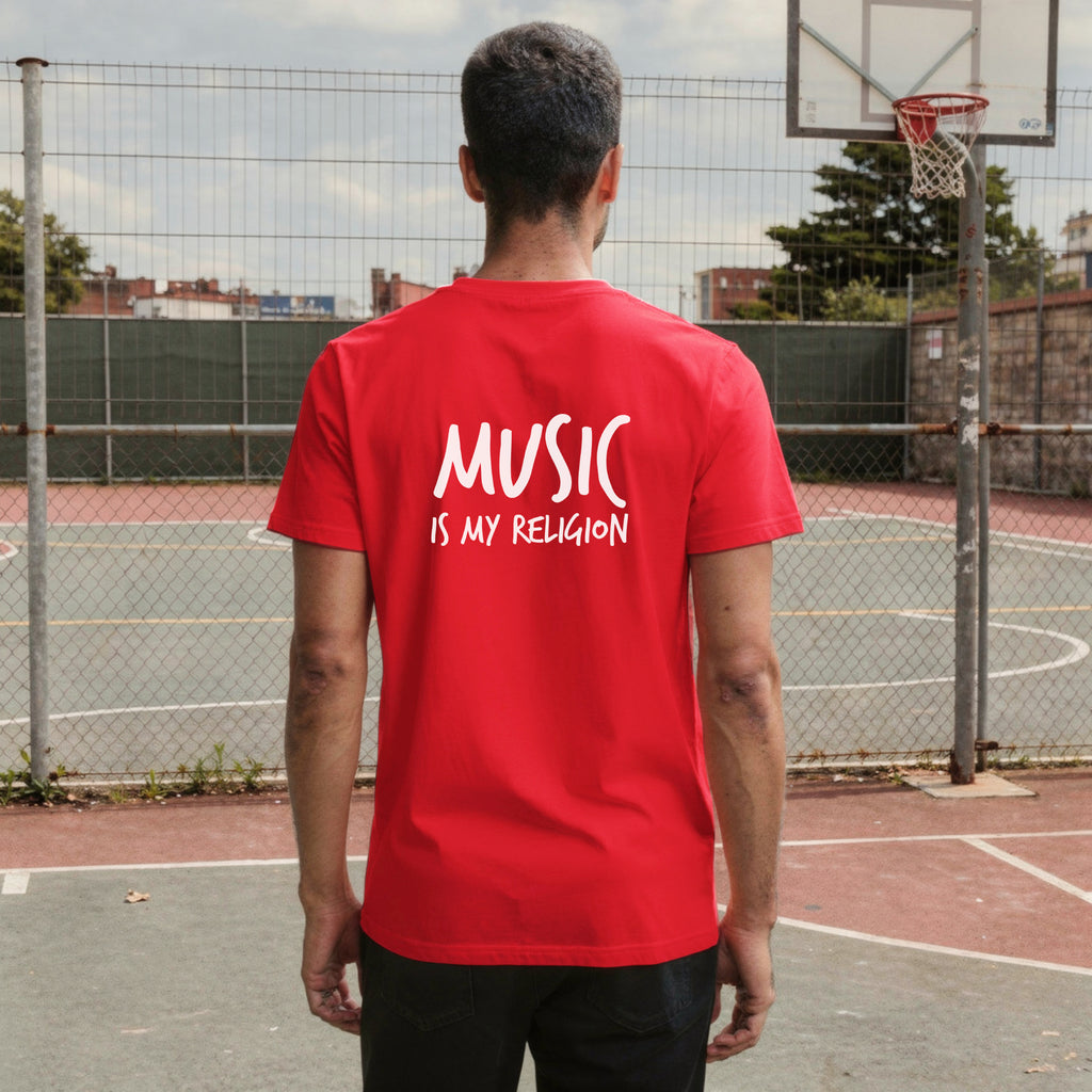 A bold "Music is My Religion" unisex t-shirt featuring a funky Jesus design in vibrant, geometric art. Made from 100% ring-spun cotton, this stylish shirt is perfect for music lovers, festival gear, and unique graphic tees that stand out.