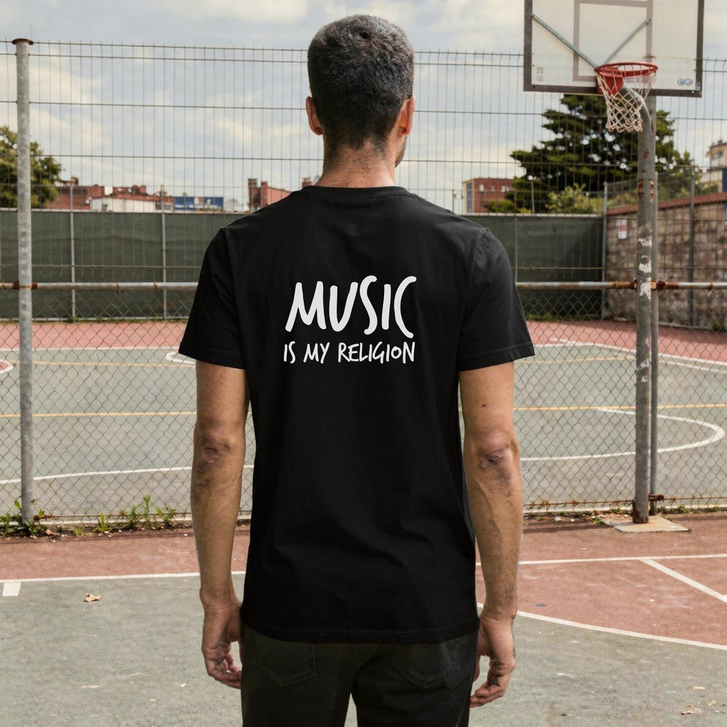 A bold "Music is My Religion" unisex t-shirt featuring a funky Jesus design in vibrant, geometric art. Made from 100% ring-spun cotton, this stylish shirt is perfect for music lovers, festival gear, and unique graphic tees that stand out.
