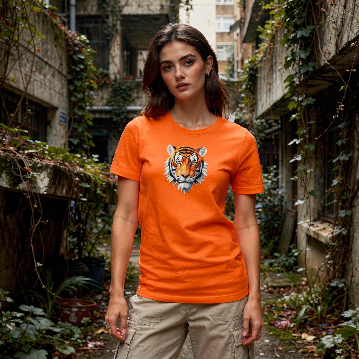 Person wearing an orange t-shirt with a tiger graphic in an urban setting