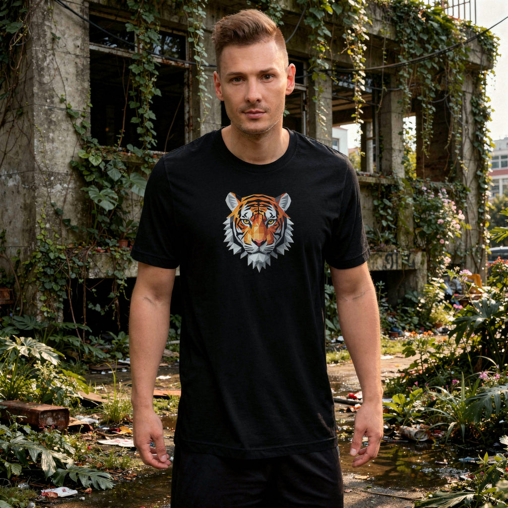 Man wearing a black t-shirt with a tiger graphic in front of an abandoned building.