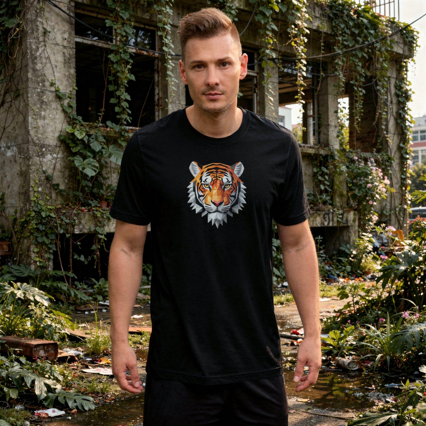 Man wearing a black t-shirt with a tiger graphic in front of an abandoned building.