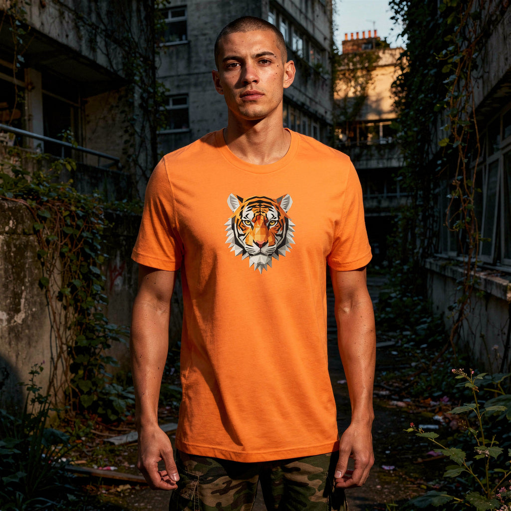 Man wearing an orange t-shirt with a tiger graphic in an urban setting
