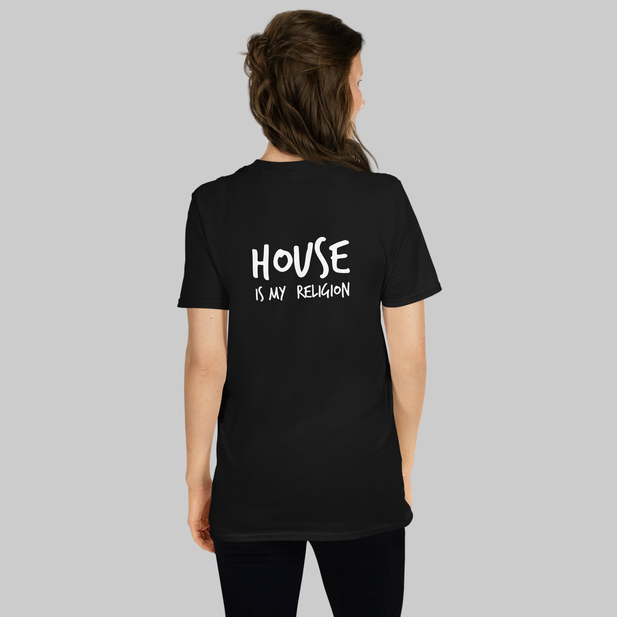 A bold "House is My Religion" unisex t-shirt featuring a funky Jesus design in vibrant, geometric art. Made from 100% ring-spun cotton, this stylish shirt is perfect for music lovers, festival gear, and unique graphic tees that stand out.