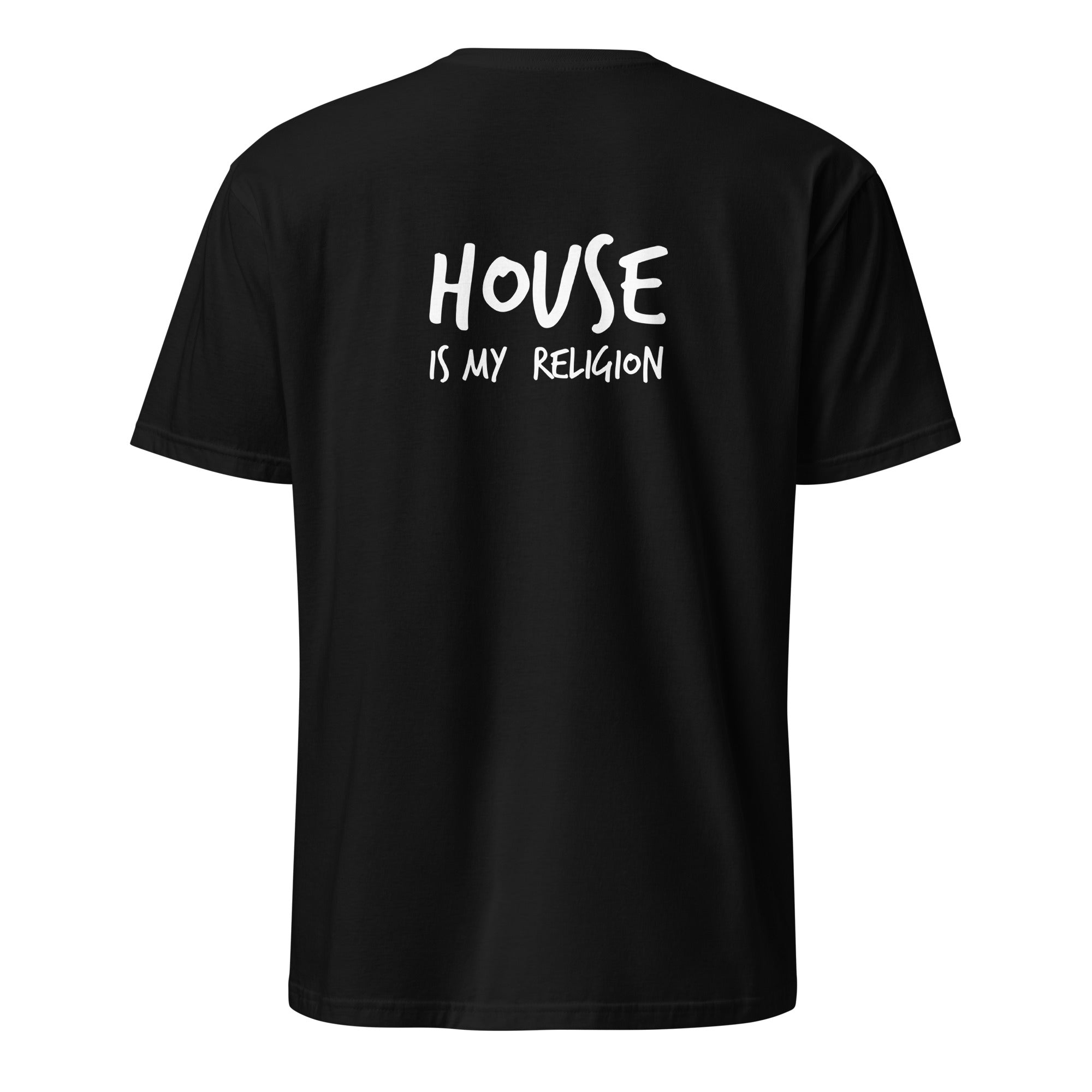 A bold "House is My Religion" unisex t-shirt featuring a funky Jesus design in vibrant, geometric art. Made from 100% ring-spun cotton, this stylish shirt is perfect for music lovers, festival gear, and unique graphic tees that stand out.