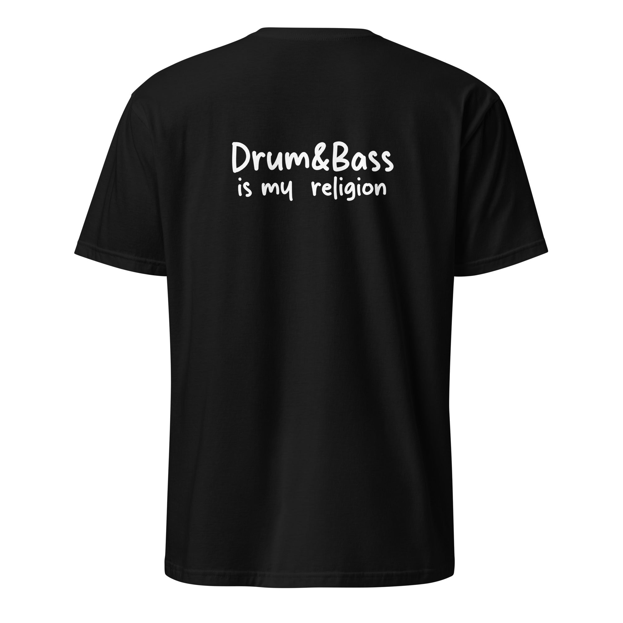 A bold "Drum & Bass is My Religion" unisex t-shirt featuring a funky Jesus design in vibrant, geometric art. Made from 100% ring-spun cotton, this stylish shirt is perfect for music lovers, festival gear, and unique graphic tees that stand out.