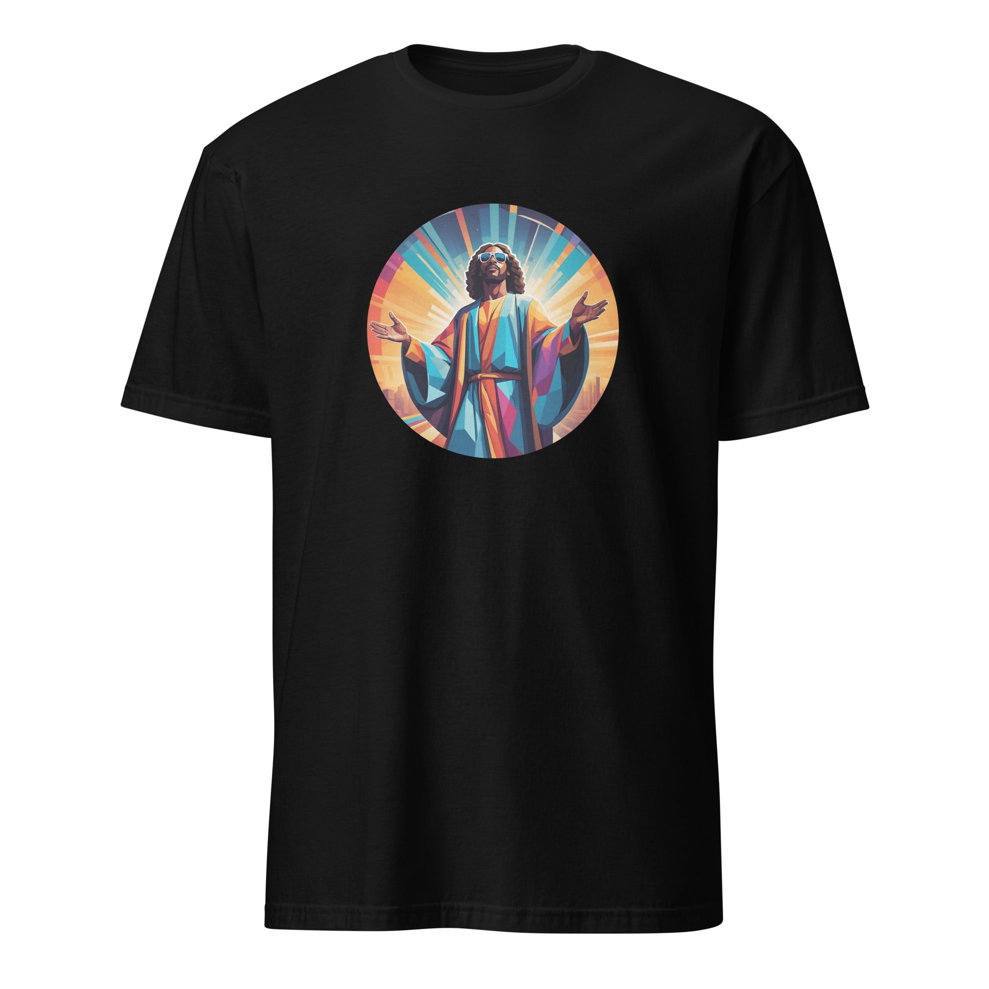 A bold "House is My Religion" unisex t-shirt featuring a funky Jesus design in vibrant, geometric art. Made from 100% ring-spun cotton, this stylish shirt is perfect for music lovers, festival gear, and unique graphic tees that stand out.